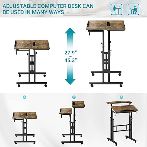 Miniatura 8 de Klvied Rolling Mobile Desk with Cup Holder, Portable, Adjustable Height Small Stand up Desk on Wheels for Home Office Laptop Cart, Computer,
