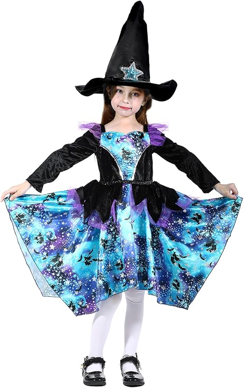 Déguisement de sorcière fluo pour fille Sincere Party avec chapeau, Halloween