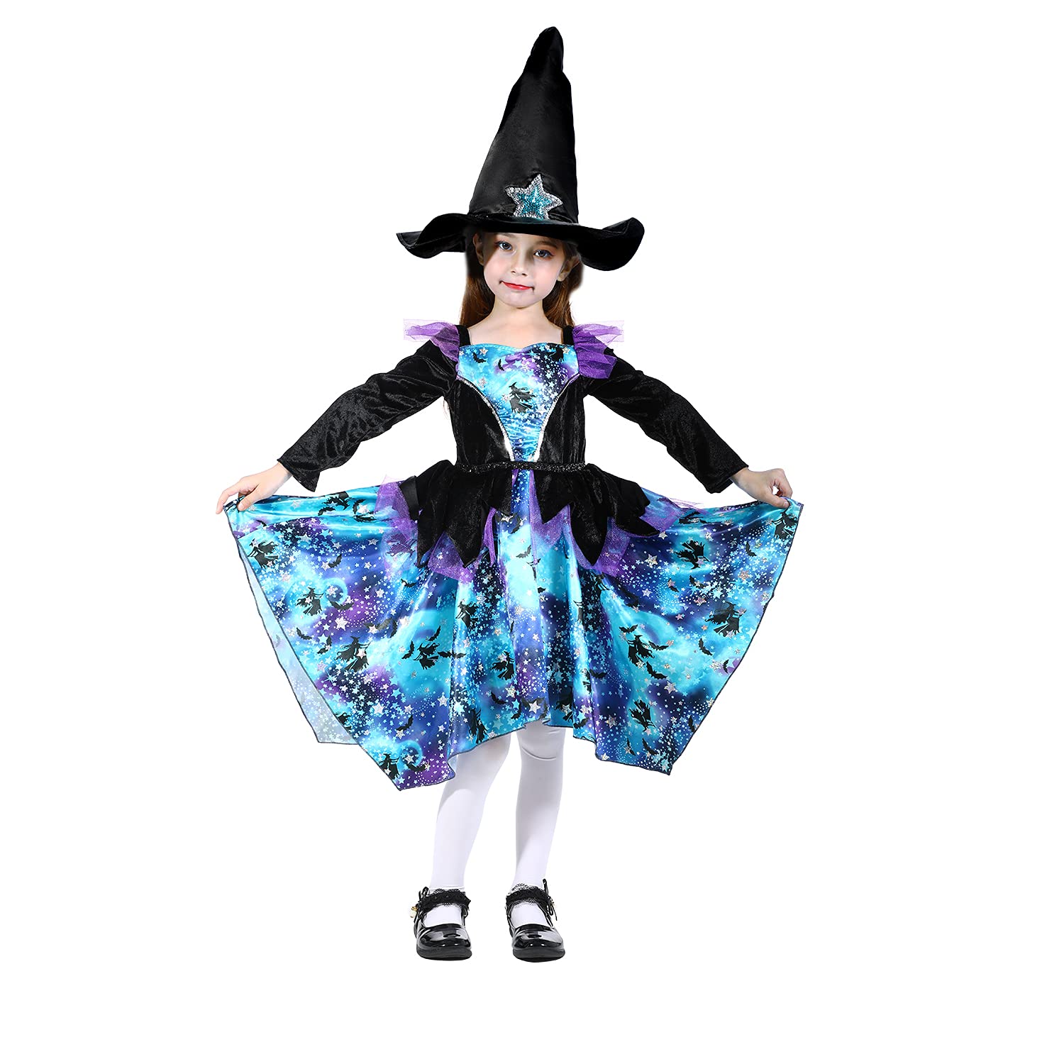 Sincere Party Ragazze Halloween Strega Costume, Deluxe Adorabile Neon Colorato Strega Travestimento con Cappello