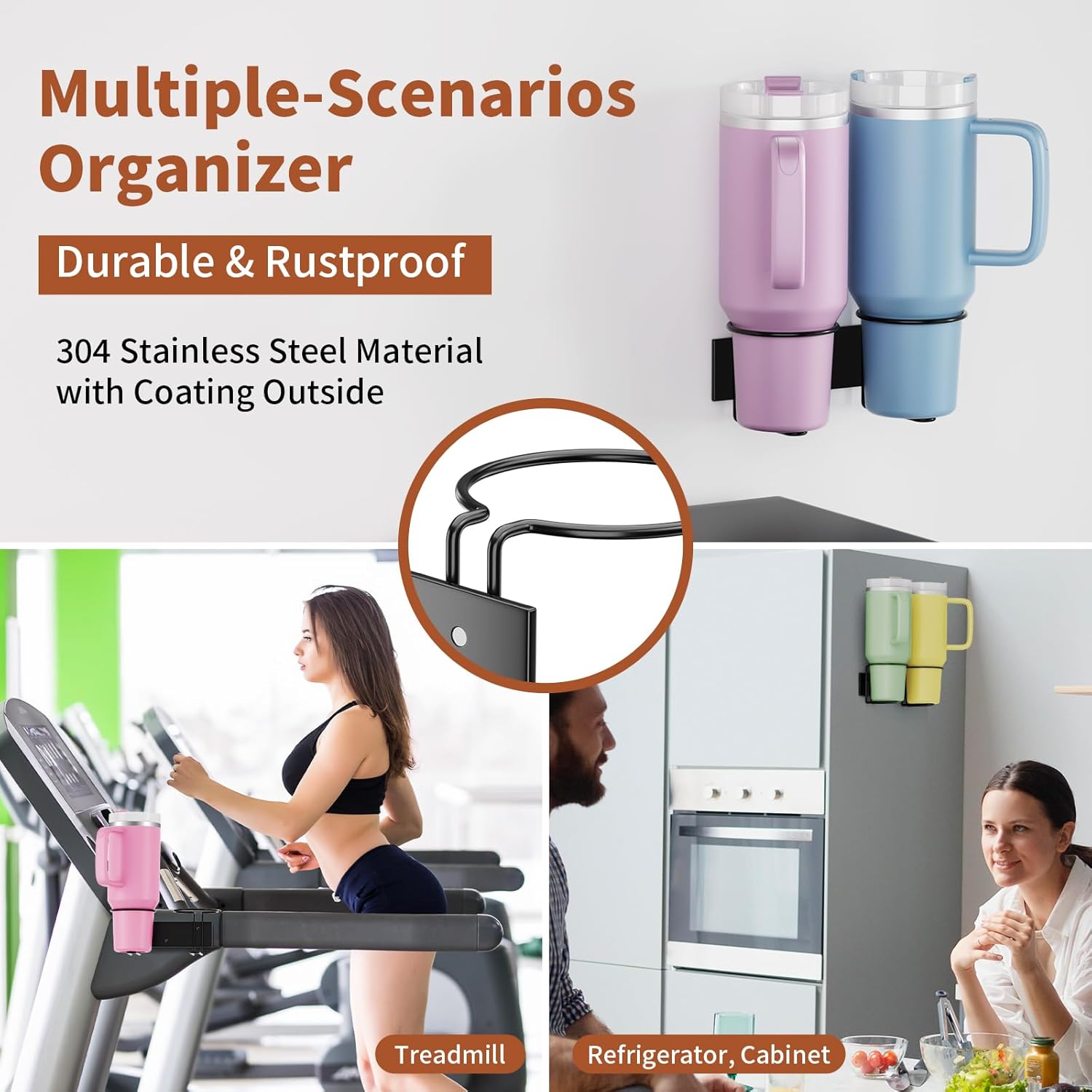 Cup Holder for Stanley Tumbler 2 PCS, Stainless Steel Wall Mount Cup Holder for Stanley 40/30oz, Self Adhesive or Drilling Cup Holders for Kitchen Organizer and Storage, Stanley Water Bottle Organizer - Image 4