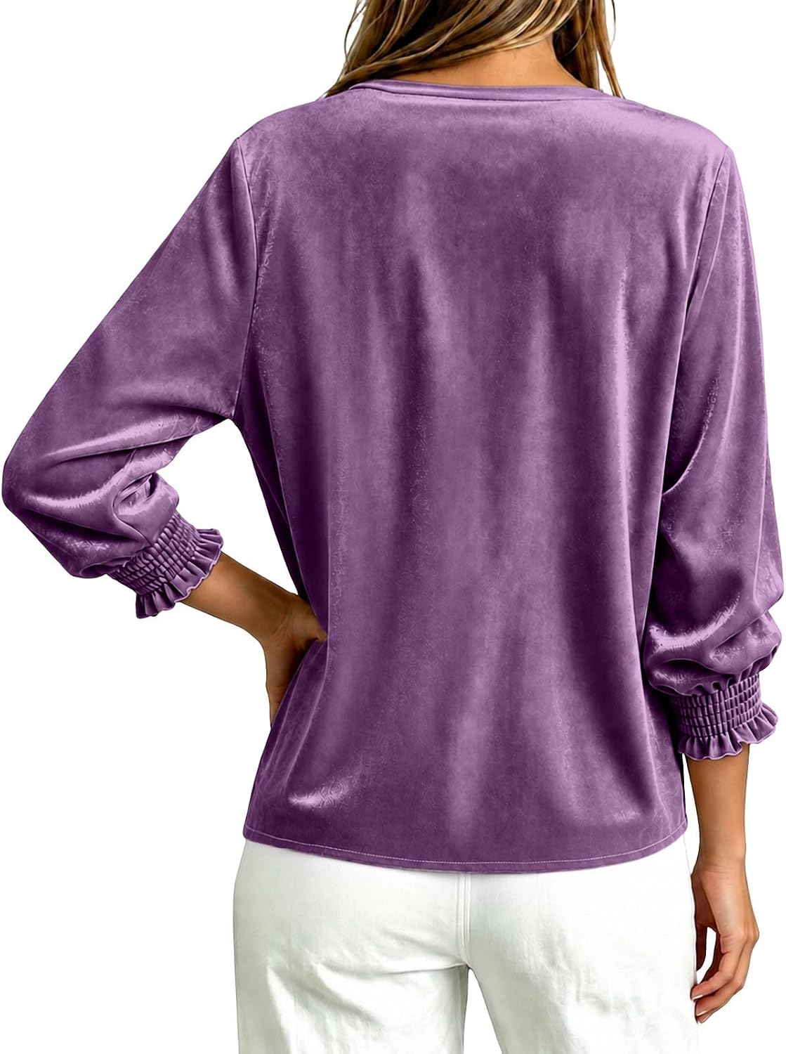 Women's Velvet Cowl Neck Blouse 3/4 Puff Sleeve Ruffle Cuffs Top
