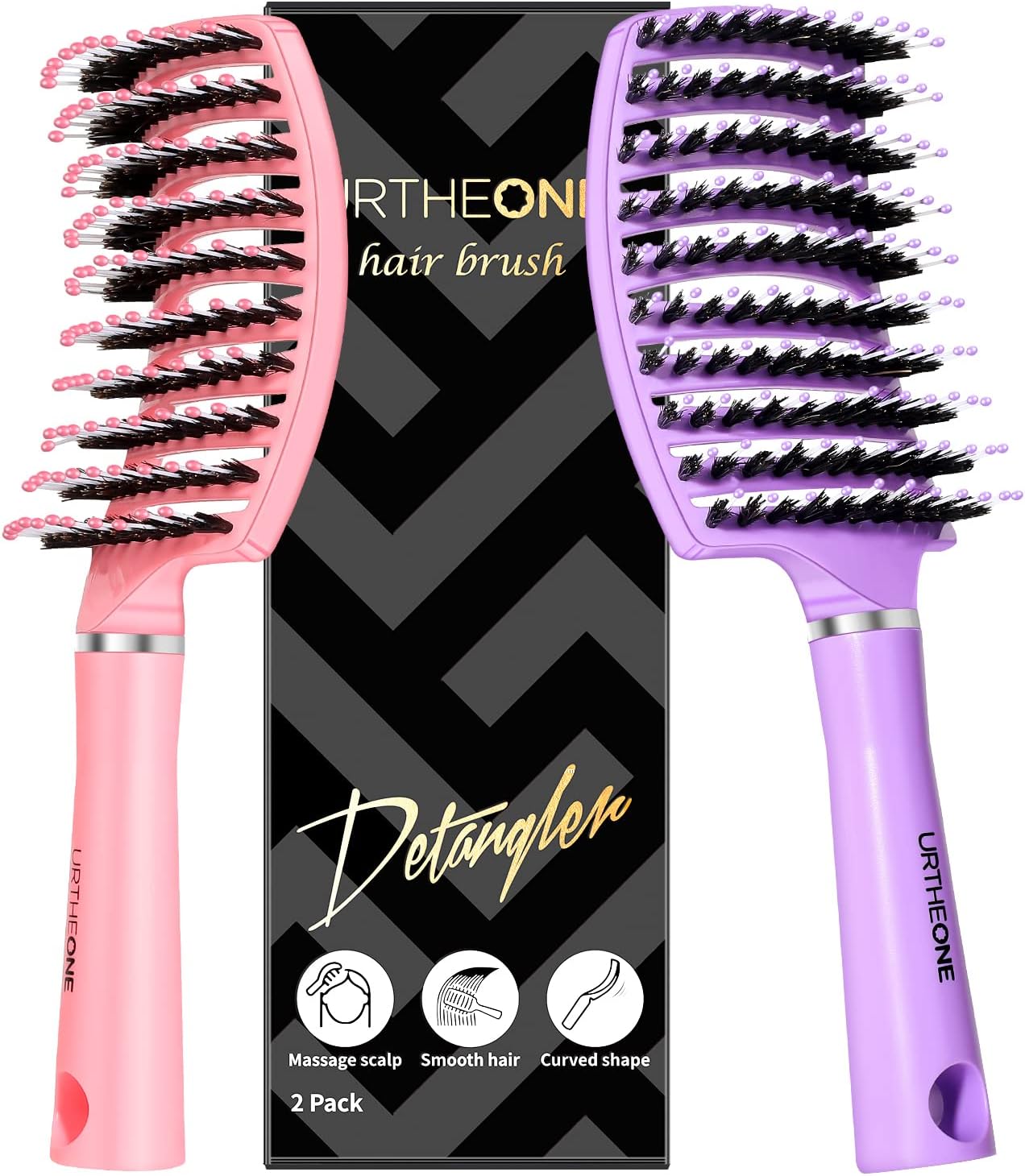 Hair Brush,URTHEONE Detangling Hairbrush Boar Bristle Curved Vented Hair Brush for Women Men Kids Curly Thick Long Short Wet or Dry Hair, Faster Blow Drying (2Pack, Pink&Purple)