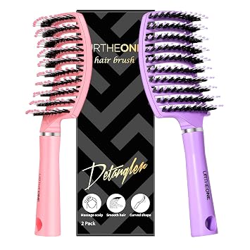 Hair Brush,URTHEONE Detangling Hairbrush Boar Bristle Curved Vented Hair Brush for Women Men Kids Curly Thick Long Short Wet or Dry Hair, Faster Blow Drying 2Pack, Pink&Purple