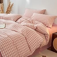 Vista 14 de EAVD Juego de funda de edredón vintage de algodón lavado suave con patrón de cuadros cuadriculados, funda de edredón geométrica de granja con 2