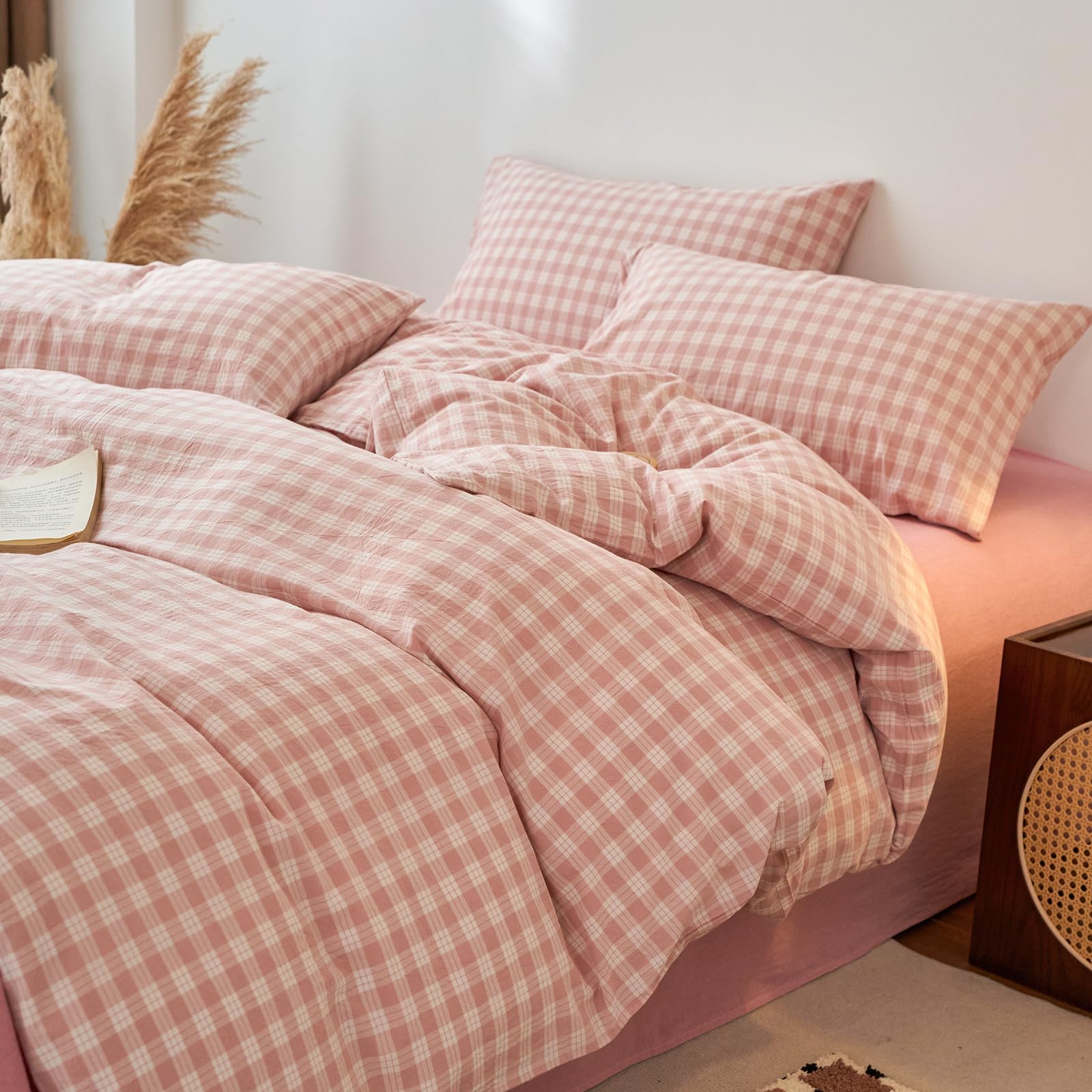 EAVD Vintage Style Gingham Plaid Duvet Cover Full Pink White Soft 100% Washed Cotton Chic Warm Checkered Bedding Set with 2 Pillowcases Farmhouse Grid Gingham Duvet Cover with Zipper Closure