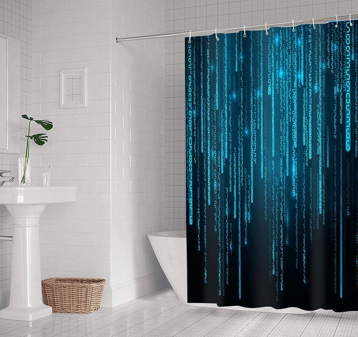 Teal Shower Curtain, Digital Teal and Black Blue Matrix Shower Curtains, Abstract Ombre Gradient Art Fabric Bath Curtain, Durable Upgrade Polyester Bathroom Decor with Hooks, 72x72, YLXYNT191