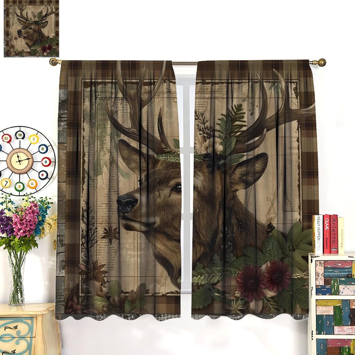 Deer Blackout Curtains Cute Wildlife Deer Green Leaf Floral Vintage Brown Bedroom Living Room Bathroom Rod Pocket Decoration Window Drapes 2 Panels W36xL63in