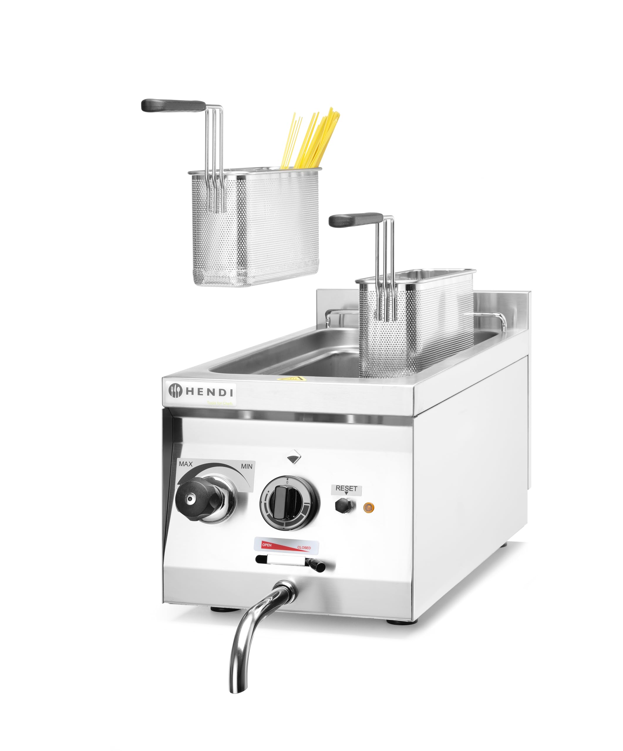 HENDI Cuocipasta elettrico, per gnocchi, canederli, dumplings, verdure, con 2 cestelli, rubinetto di scarico, temperatura: da 30°C a 120°C, 10L, 230V/3500W, 800x330x(H)380mm, in acciaio inox