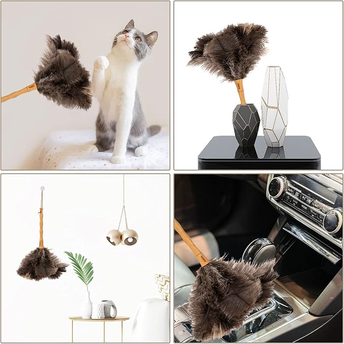 Genuine Ostrich Feather Duster, 16 inch Gray Ostrich Feather Duster with Wood Handle, Reusable Car Dusters, Eco-Friendly Handheld Cleaning Dusters for Home, Office and Kitchen