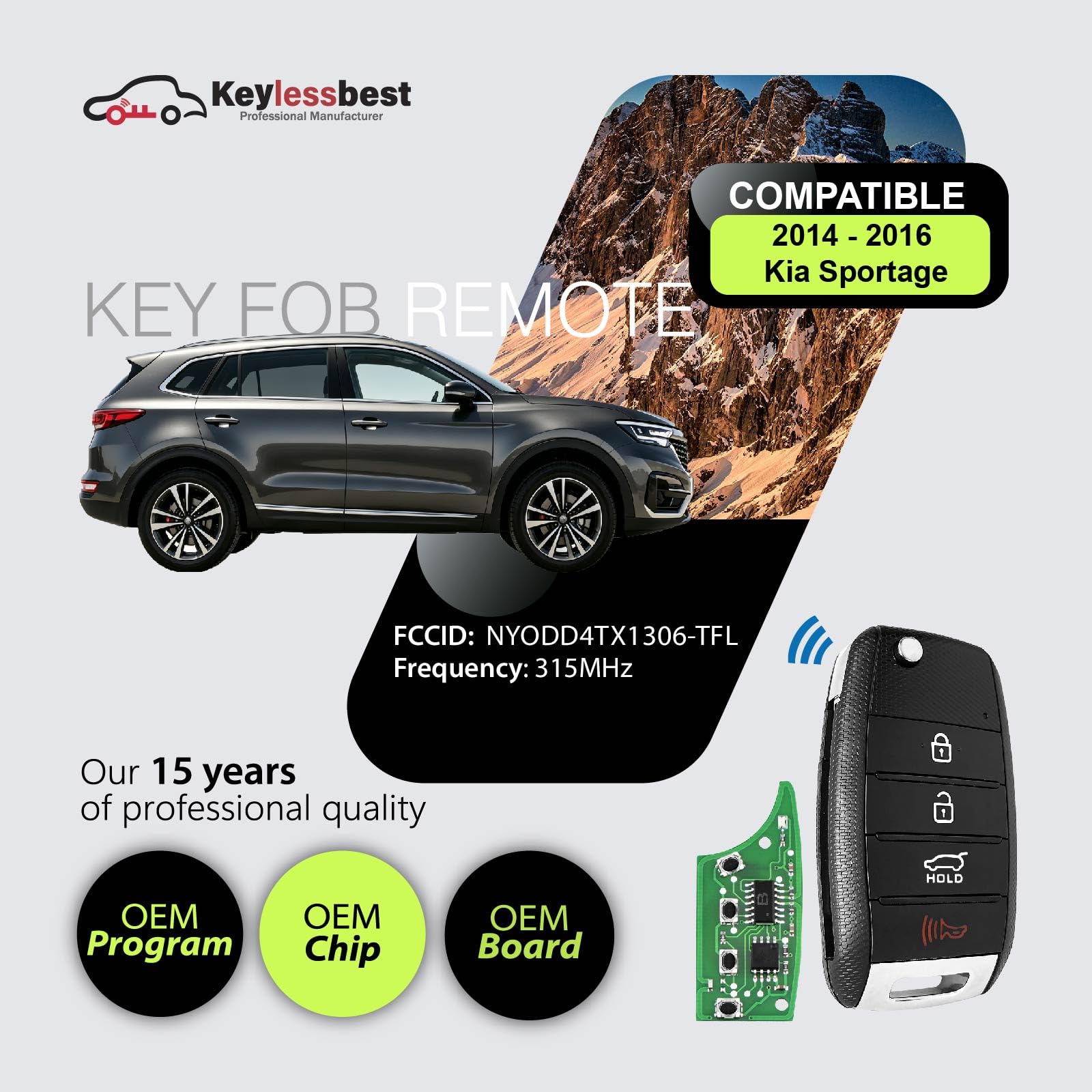 Telecomando di ricambio per Kia Sportage 2014 2015 2016 NYODD4TX1306-TFL 4 Pulsanti 315MHz
