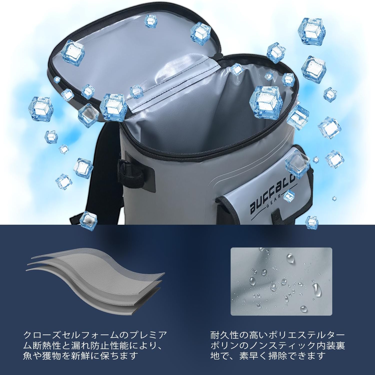 Buffalo Gear 断熱バックパッククーラー ロッドホルダー付き 20L 防水釣りバックパック 釣り、キャンプ、アウトドアスポーツ用の釣具収納バックパック（グレー）