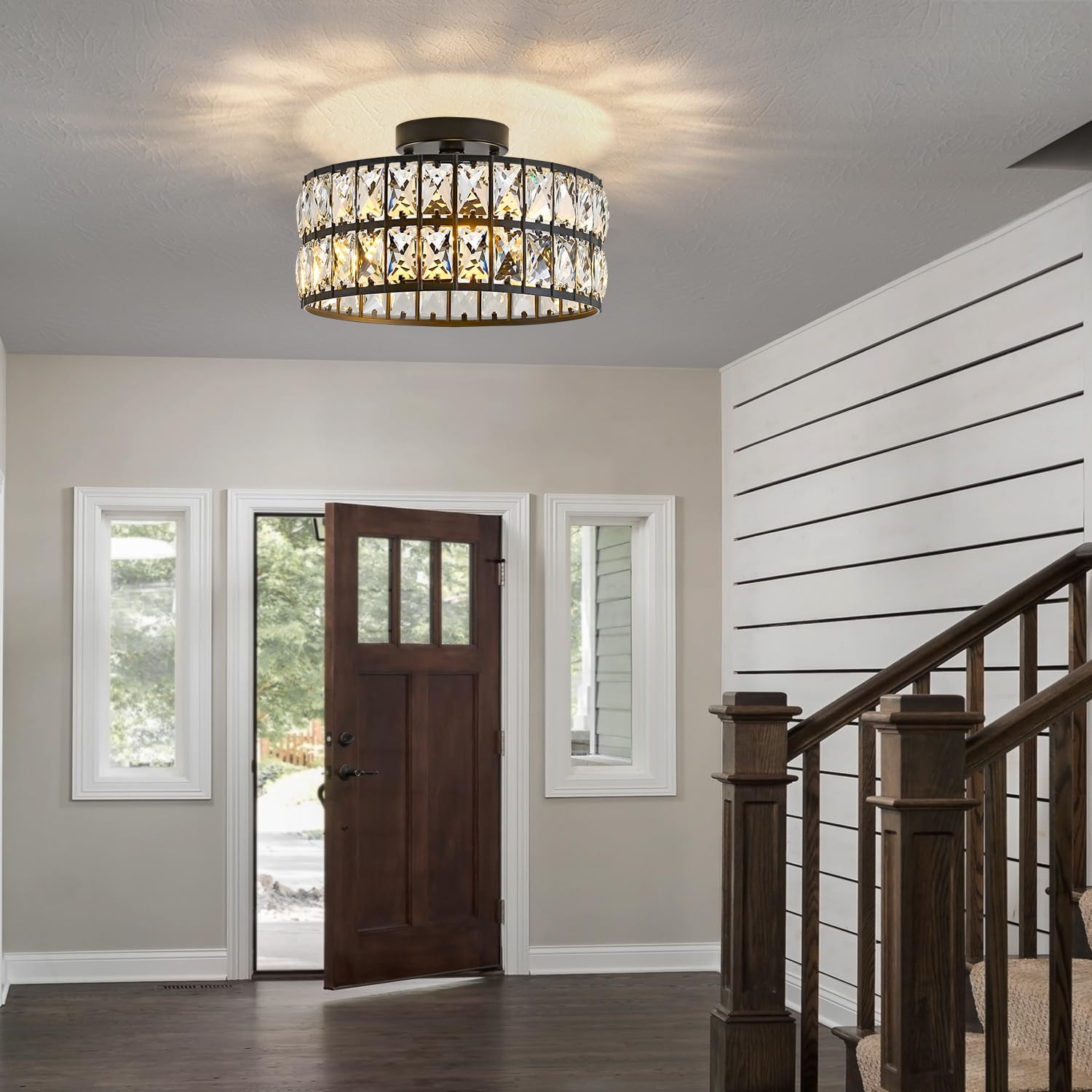 Modern Semi Flush Mount Ceiling Light, Black Ceiling Light Fixtures, 11.8inch 3-Light Crystal Chandelier for Bedroom, Hallway Light Fixture Ceiling Mount for Kitchen