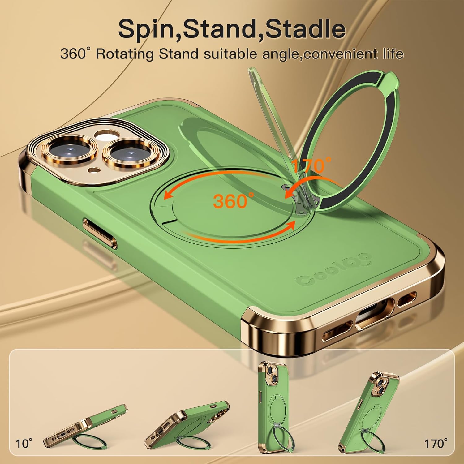 COOLQO for iPhone 14 Case 6.1'' Upgraded 360° Spin Magnetic Stand [Compatible with Magsafe][Military Grade Drop Protection] Shockproof Protective Phone Holder Cover for iPhone 14, Matcha Gold
