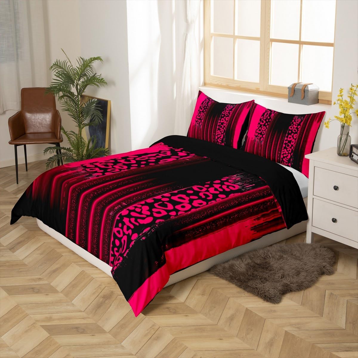 Feelyou Hot Pink Black Reversible Bedding Set Queen Size Abstract Leopard Comforter Cover Set for Kids Adults Ombre Stripes Duvet Cover Modern Art Bedspread Cover Room Decor 3Pcs with 2 Pillow Case