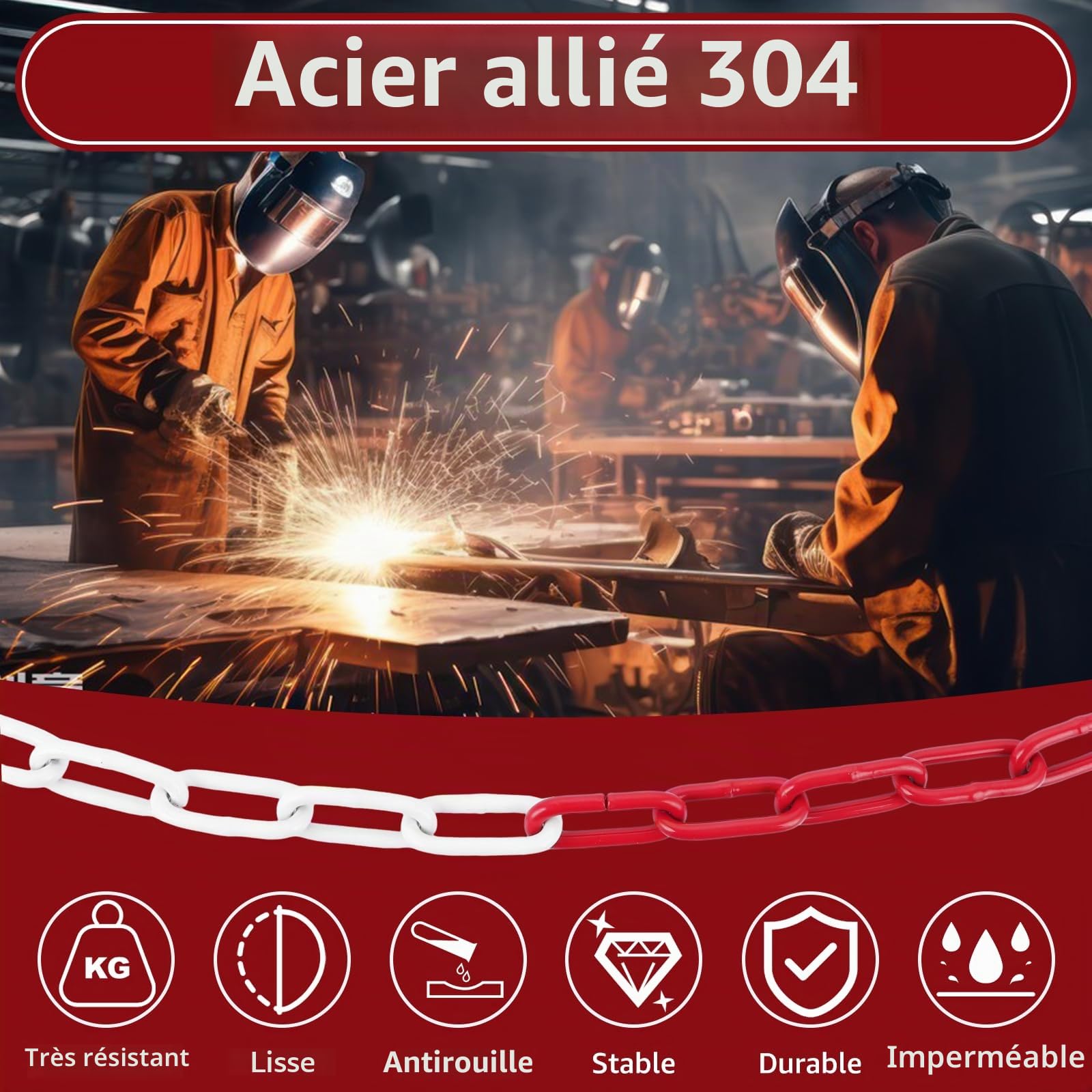 CYEER Chaîne de barrière en métal rouge et blanc 10 m – Chaîne en acier robuste de 5 mm d'épaisseur – Chaîne d'avertissement résistante aux intempéries pour parking, chantier et barrière