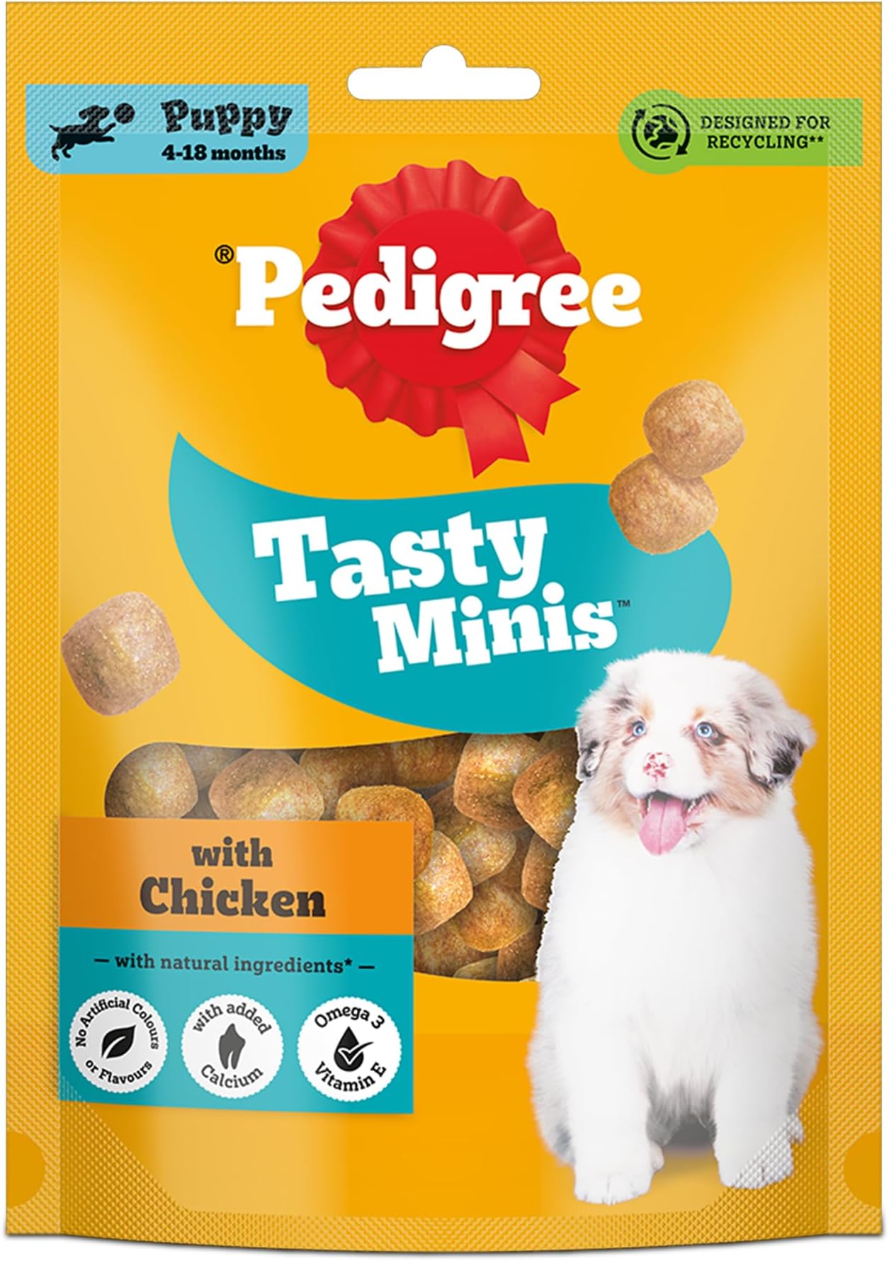 Pedigree Tasty Minis Puppy (4+ Months) Dog Treats, Chicken Flavour, 125 g, Contains Omega 3, Vitamin E & Calcium, Supports Strong Bones & Teeth