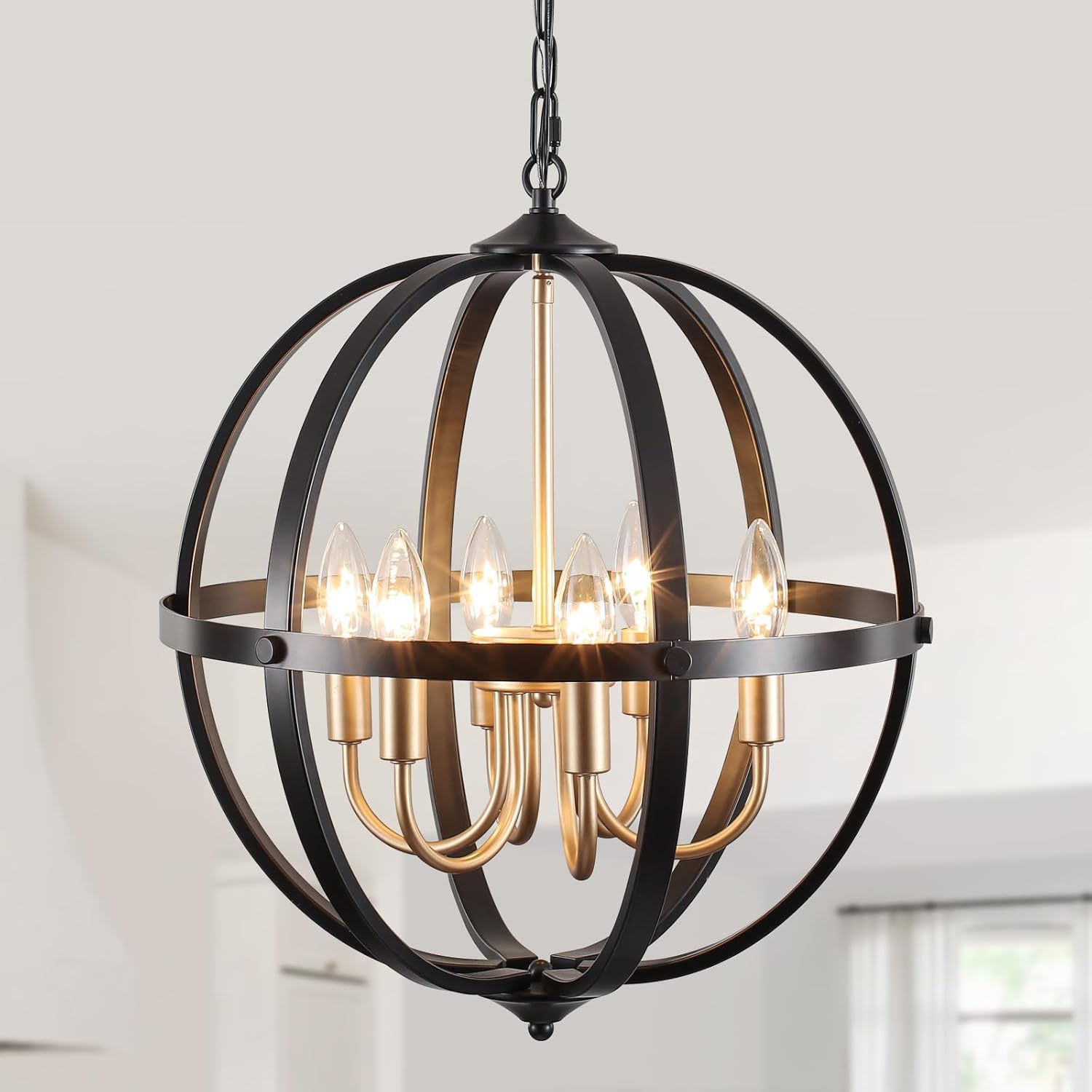 6-Light Black and Gold Chandelier, Orb Chandelier 17.12'' Metal Industrial Globe Pendant Light, Modern Farmhouse Adjustable Hanging Ceiling Light Fixtures for Kitchen, Dining Room, Foyer