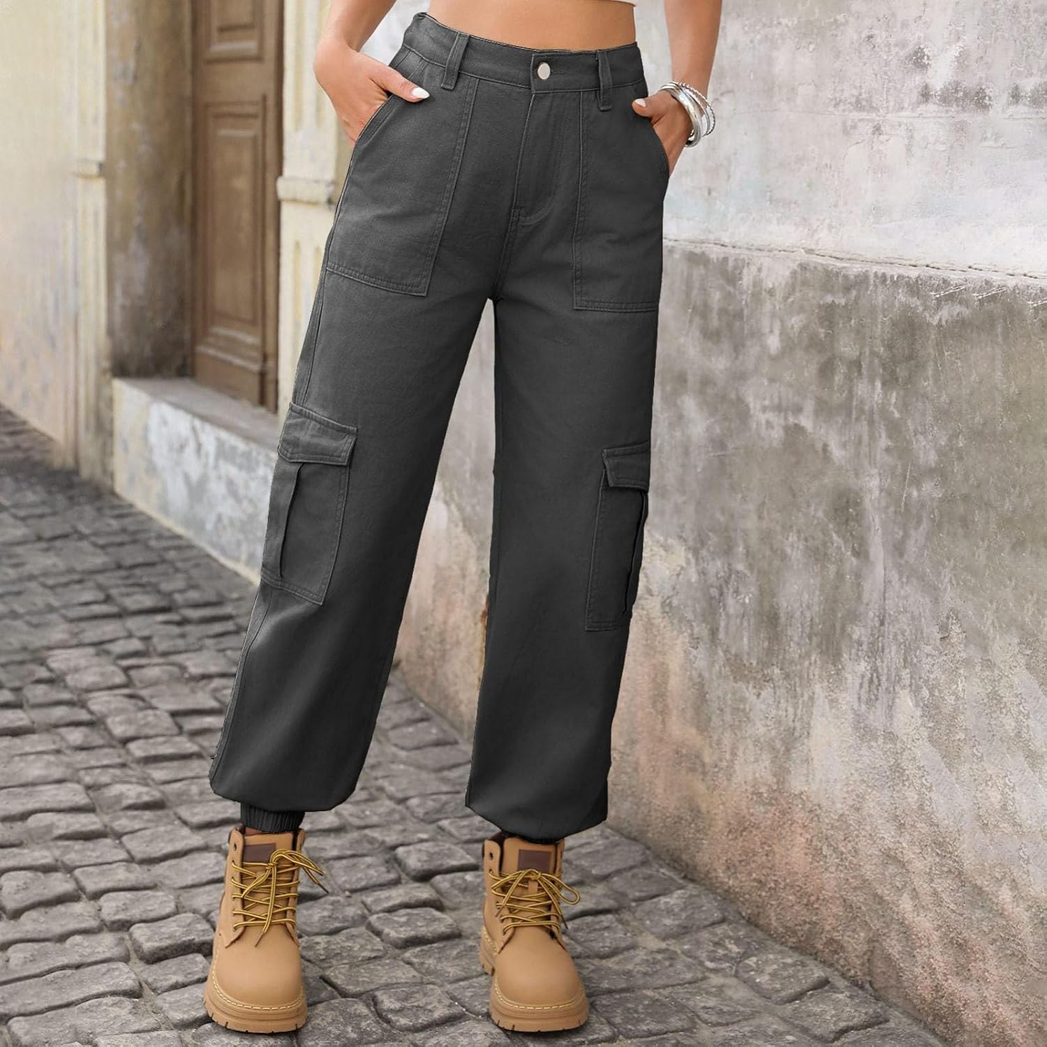 Cargo Pants for Women Wide Leg Baggy High Waisted Jeans Drawstring Ankle Cuffs 6 Pockets Straight Casual Jean