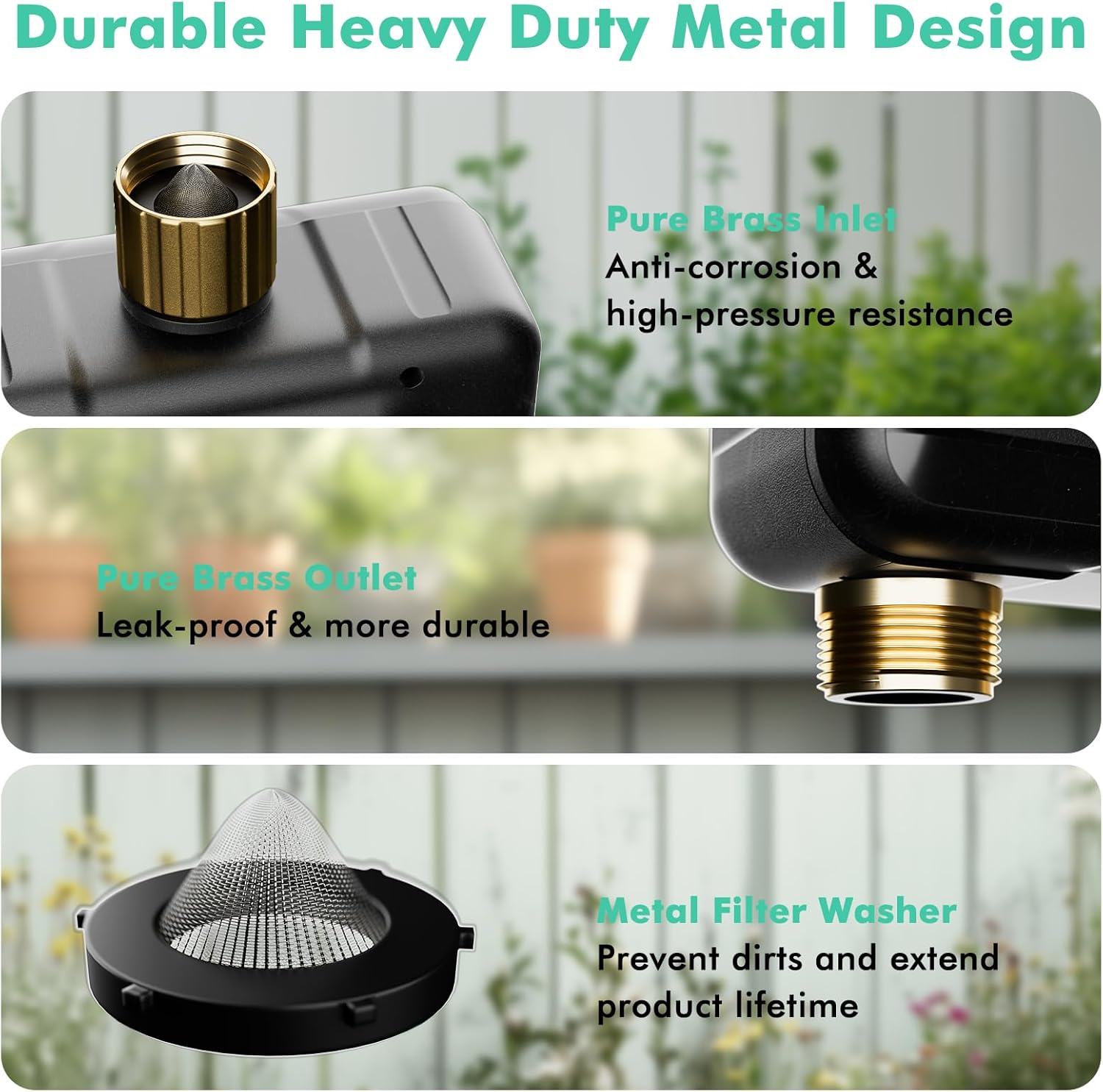 Durable Heavy Duty Metal Design showing brass inlet, outlet, and metal filter washer