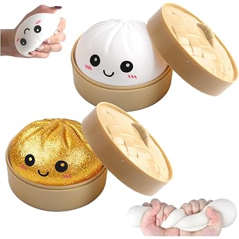 Pack of 2 Glitter Dumpling Squishy Mystery Dumpling Squishies Giant Dumplings Squishy Mystery with Steamer Squeeze Toy Funny Large Glitter Bao Bun Squeeze Ball for Children and Adults