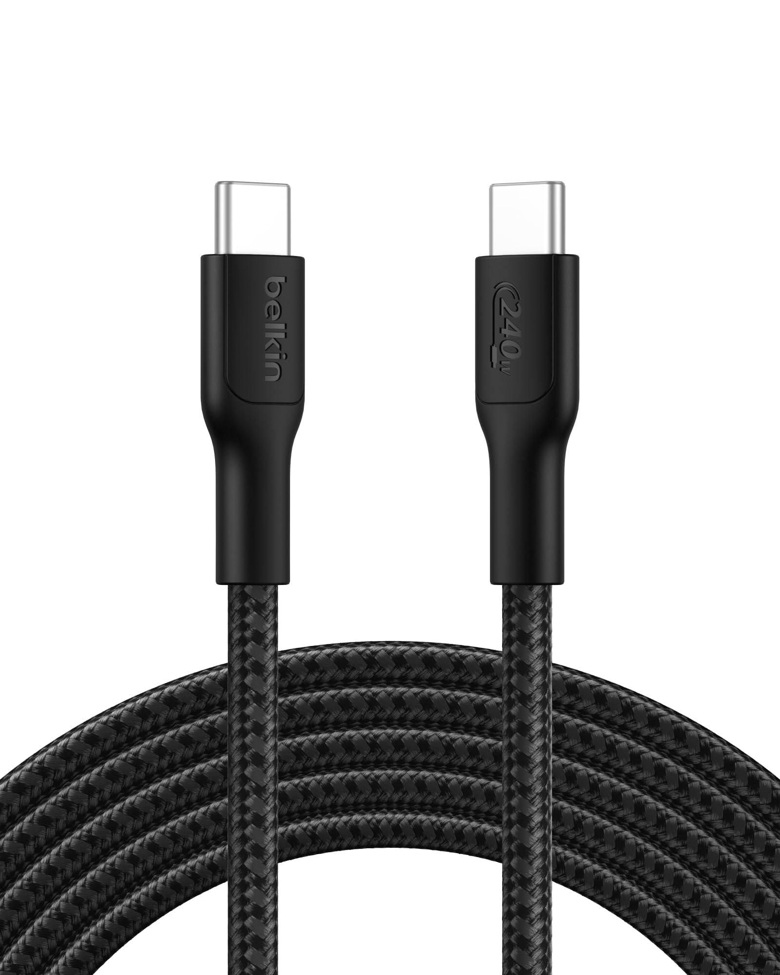 Belkin Eco Örgülü USB-C - USB-C Kablosu, 3 m, 240 W, Yumuşak, Esnek Hızlı Şarj Kablosu, iPhone 16, Galaxy S25, Pixel 9, MacBook, iPad Pro ve Daha Fazlası için Tip-C Şarj Kablosu - Siyah (USB 2.0)