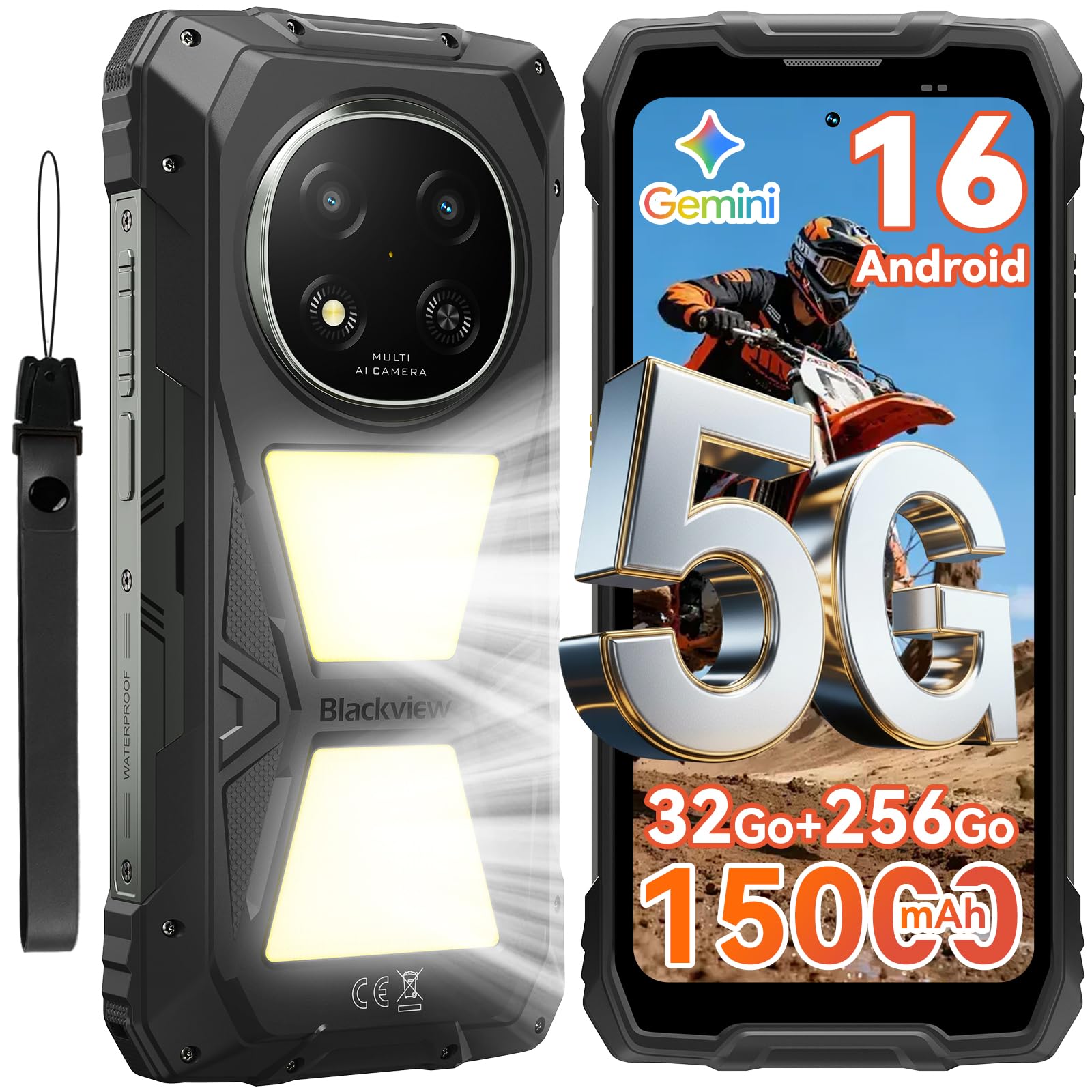 Blackview Rock 2 Pro Téléphone Incassable, Android 16 Smartphone Incassable 5G 32GB+256GB, 6.67" HD+ Display 120Hz 15000mAh IP69K, 16MP+13MP AI Kamera, NFC/OTG/GPS/Gemini AI/Glove Mode 2.0