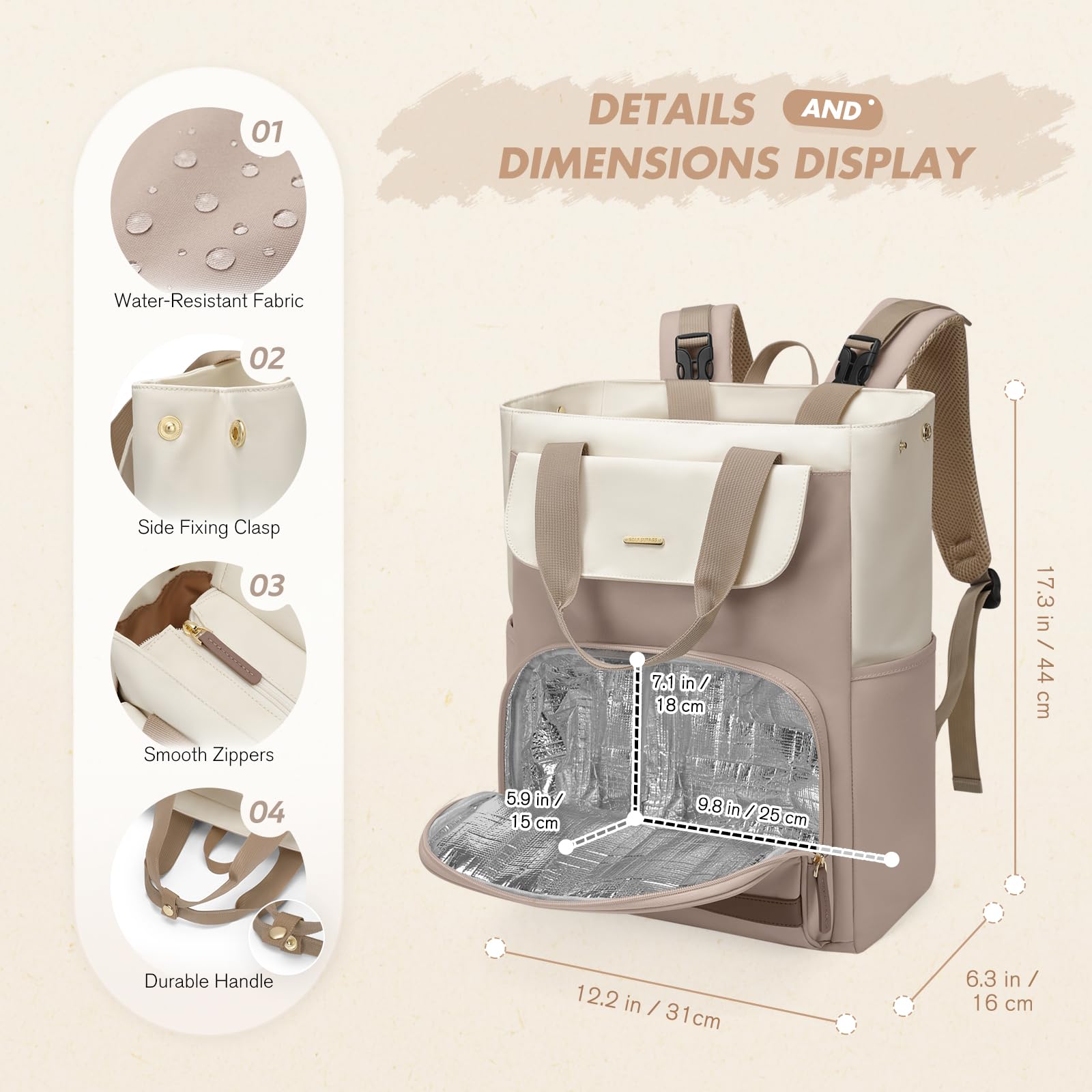 GOLF SUPAGS 25L Mochila Cambiador para Bebé con Cambiador Portátil y correas para Cochecito, Mochila para Pañales, Mochila de Térmica Almuerzo, para Mamá y Papá (Champán & Blanco)