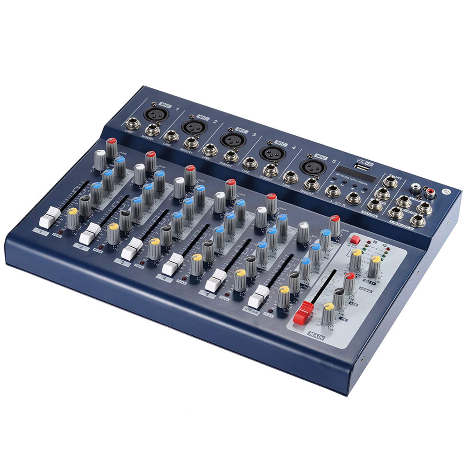 AFYH Bureaux de mixage de Studio, Console de mixage Audio de Ligne de Micro numérique à 7 canaux avec entrée USB Égaliseur à 3 Bandes pour l'enregistrement de la Musique de karaoké sur scène DJ