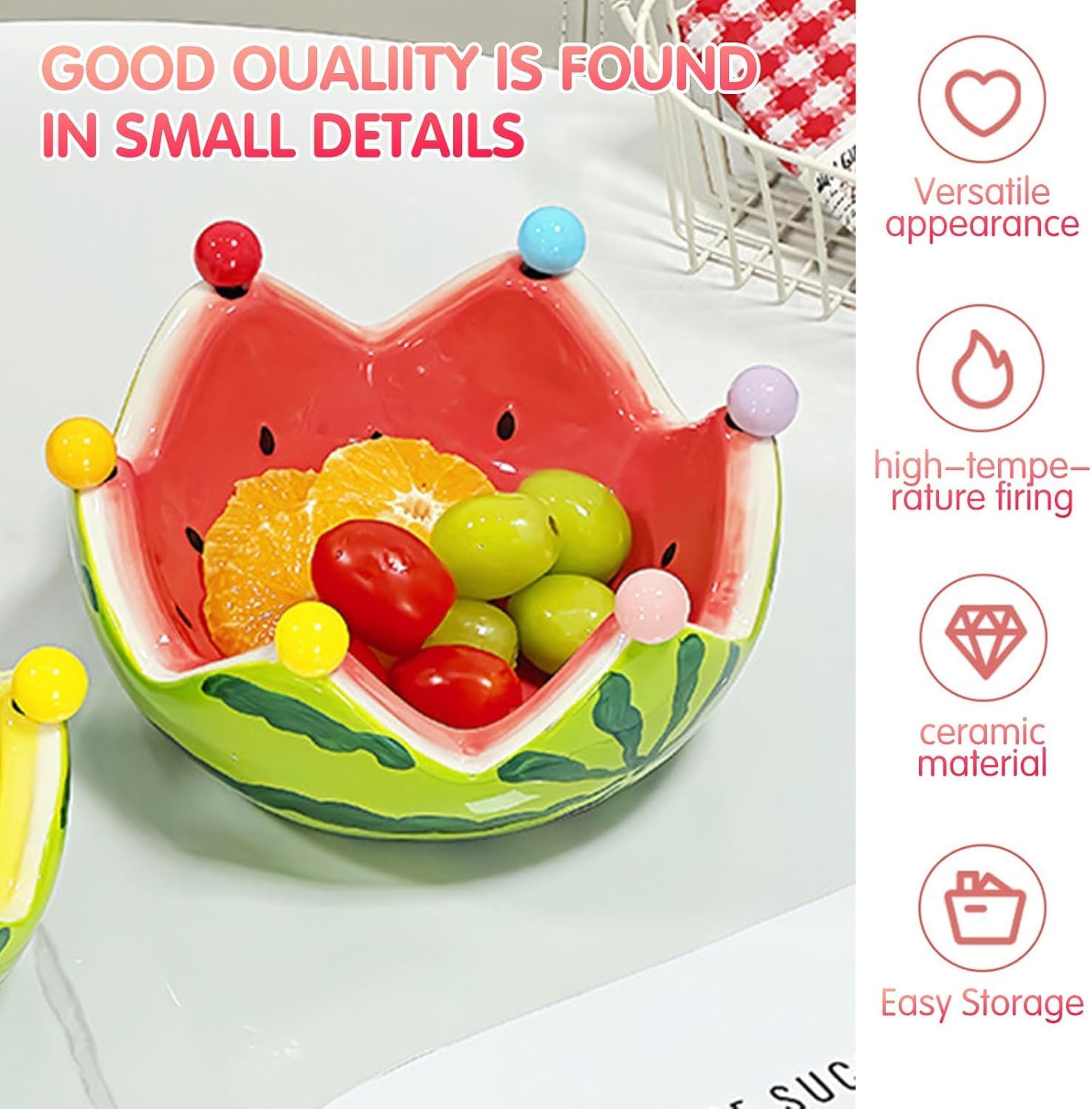 Ceramic Watermelon Fruit Bowl with 6 Forks -Decorative for Kitchen Counter