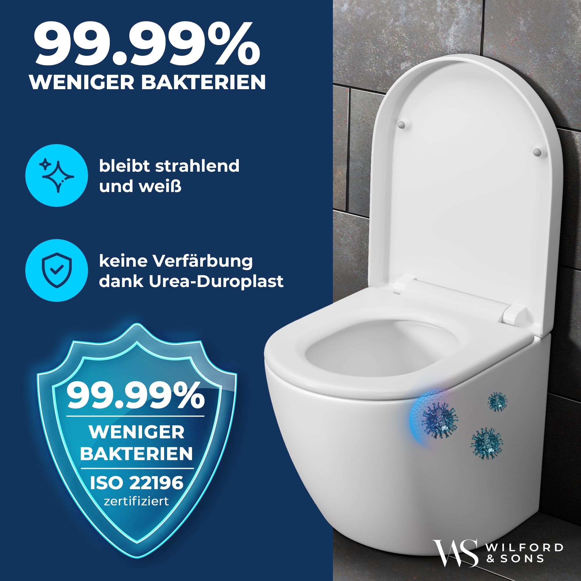 Wilford & Sons PREMIUM Toilettendeckel - WC Sitz mit Absenkautomatik - Klodeckel D-Form weiß - Hochwertige Klobrille, Toilettensitz Klo Deckel abnehmbar, Einfache Reinigung - Toilettenbrille Duroplast