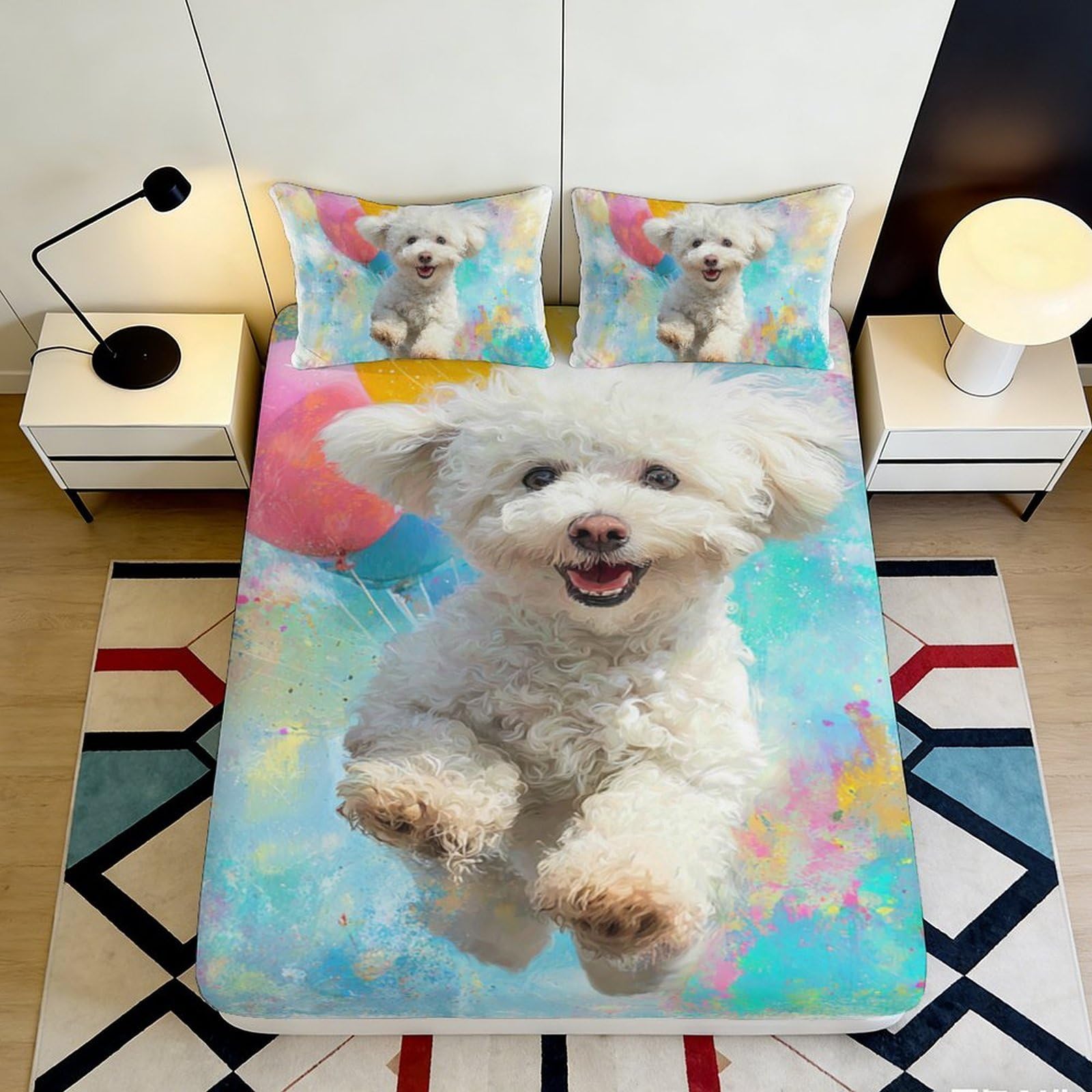 3D Printed Cute Dog Fitted Sheet Microfiber Non-Slip Deep Pocket Bedding Puppy Mattress Fitted Cover Full Wrap Washable for Bedroom Teens Adults 200x200x25cm 90x200x25cm