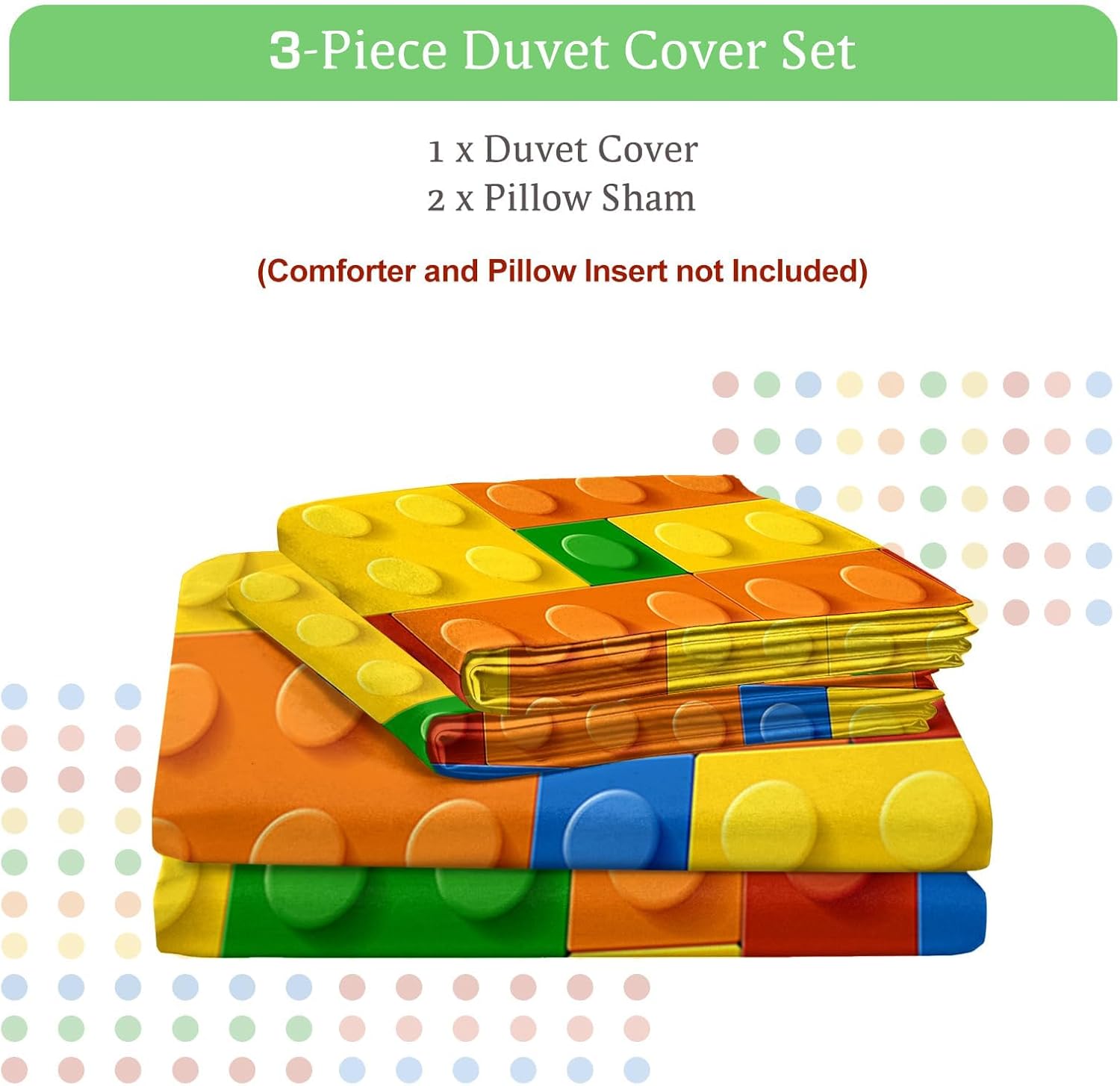 BlessLiving Twin Duvet Cover Set - Soft Colorful Building Blocks Bedding Set, Fun Geometric Brick Pattern Comforter Cover, Yellow Orange & Green - Gaming Bedspread with 2 Pillowcases for Teens & Boys