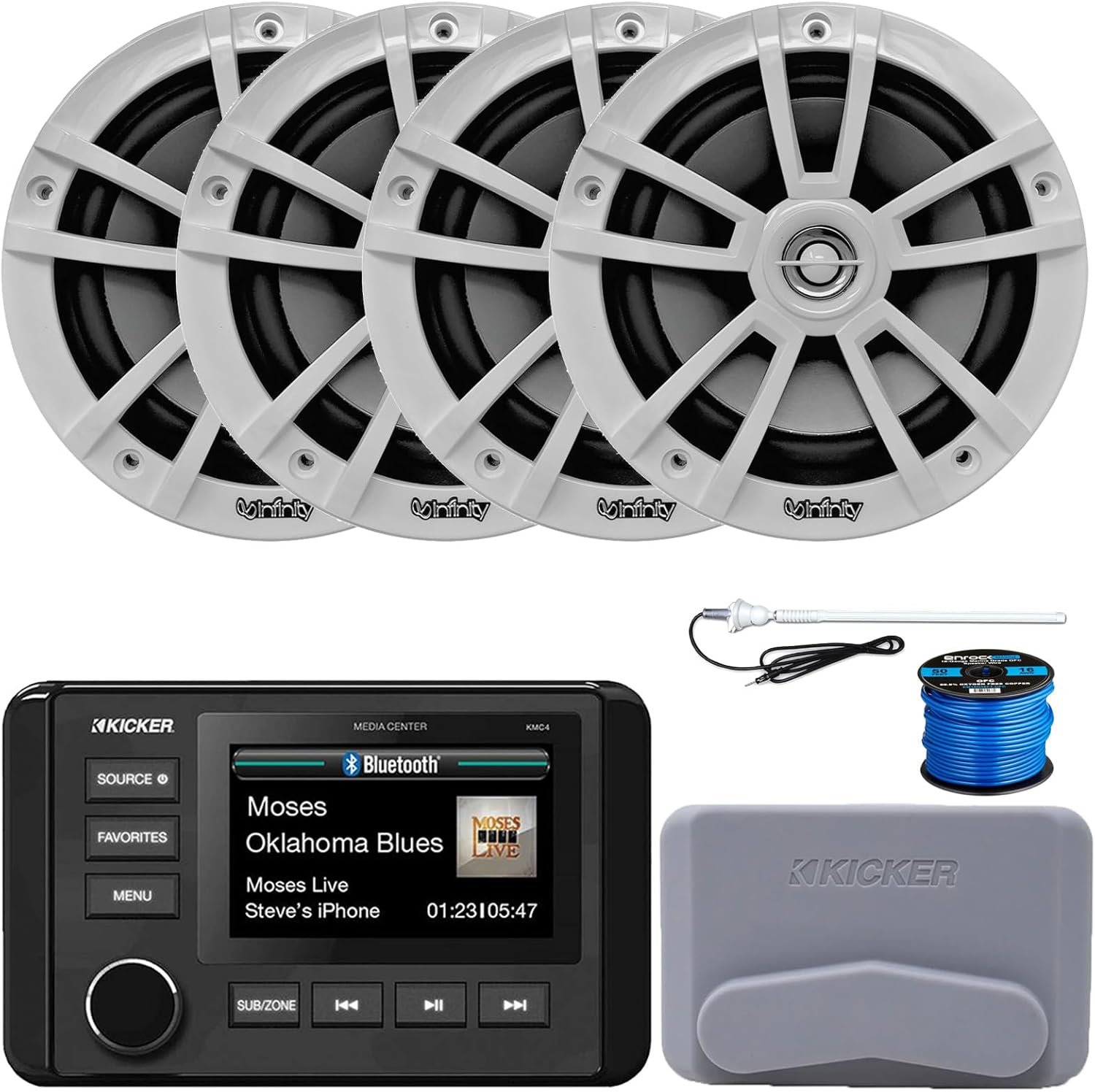 Kicker 51KMC4 3" LCD Marine Bluetooth Weather-Resistant Gauge-Style AM/FM WB/USB/AUX Media Center Receiver, 4x 6.5" 225W Max Power High-Performance White Speakers, Radio Antenna, 50 Feet Speaker Wire