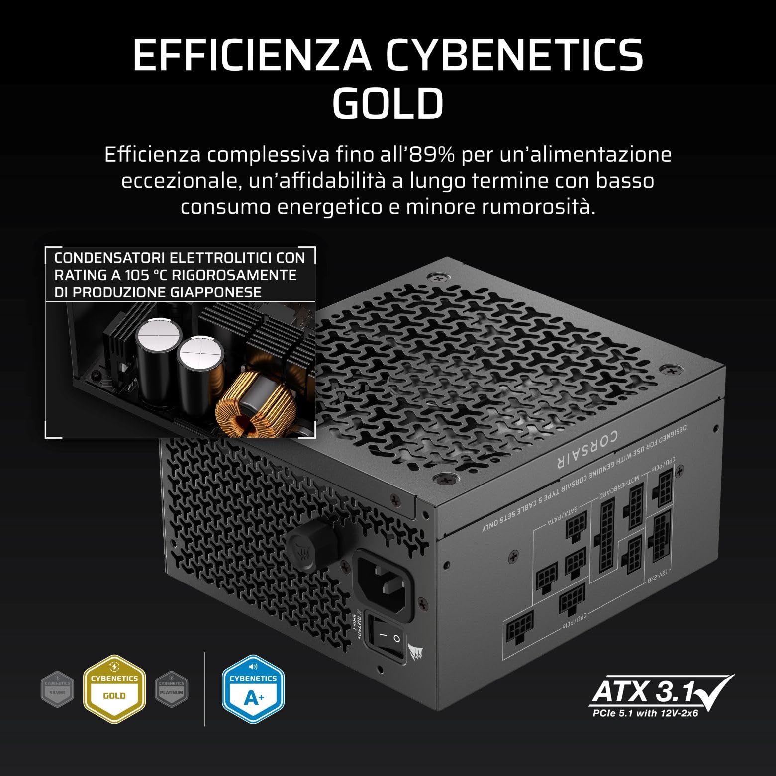 CORSAIR RM750x SHIFT (2025) Alimentatore ATX Completamente Modulare - Interfaccia Laterale Modulare, Cavo Nativo 12V-2x6, ATX 3.1 e PCIe 5.1, Condensatori a 105°C, Cybenetics Gold - Nero