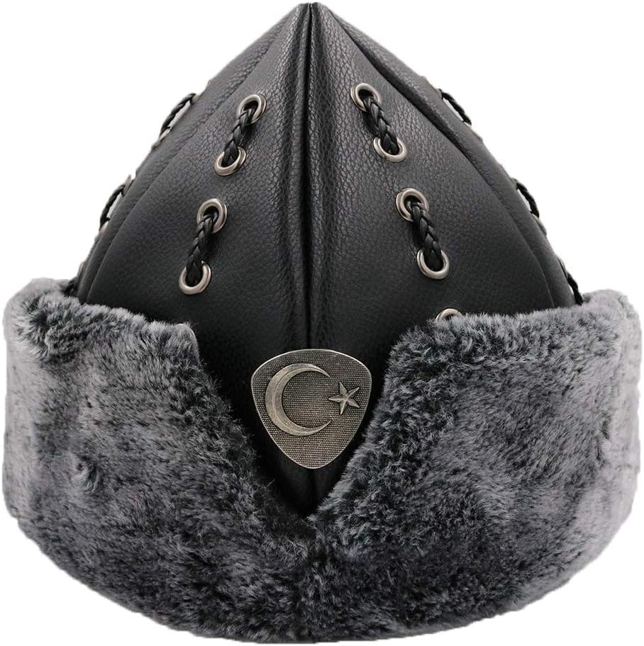 Turkish Ottoman Bork Hat Ertugrul Dirilis Fur Leather Winter Cap 2027 (2017C Crescent) Black