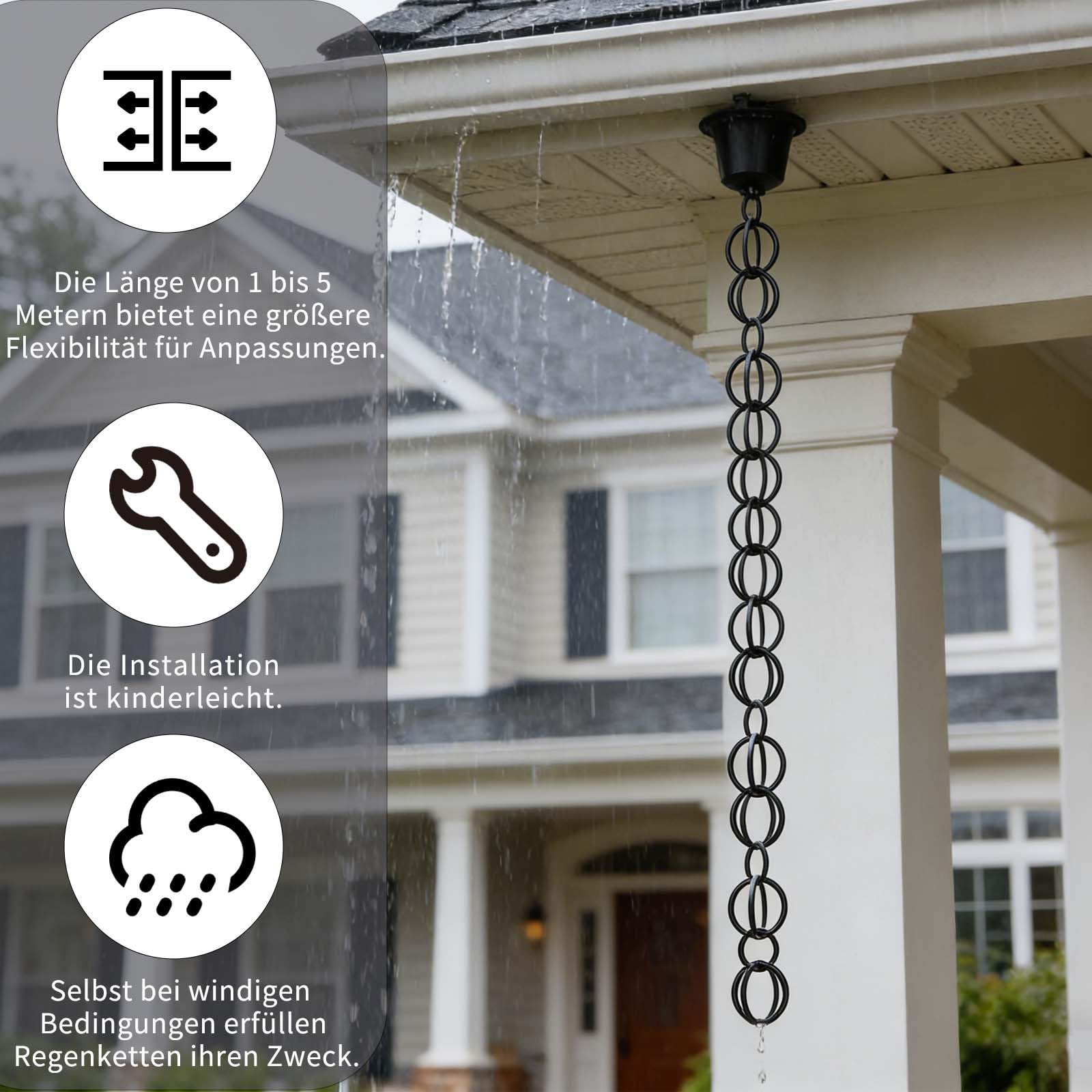 Hängende Regenkette Umlenker-Fangkettem,Dachrinnendekoration Zum Ableiten Von Wasserfür Den Regenfänger,Schwarzes,Pulverbeschichtetes Aluminium,Rostfrei, Leicht Montierbar,
