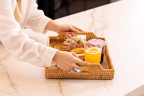 Miniatura 3 de Bandeja de servir de ratán tejida a mano con asas para desayuno, bebidas, refrigerio para comedormesa de café (14.5 pulgadas, rectangular)