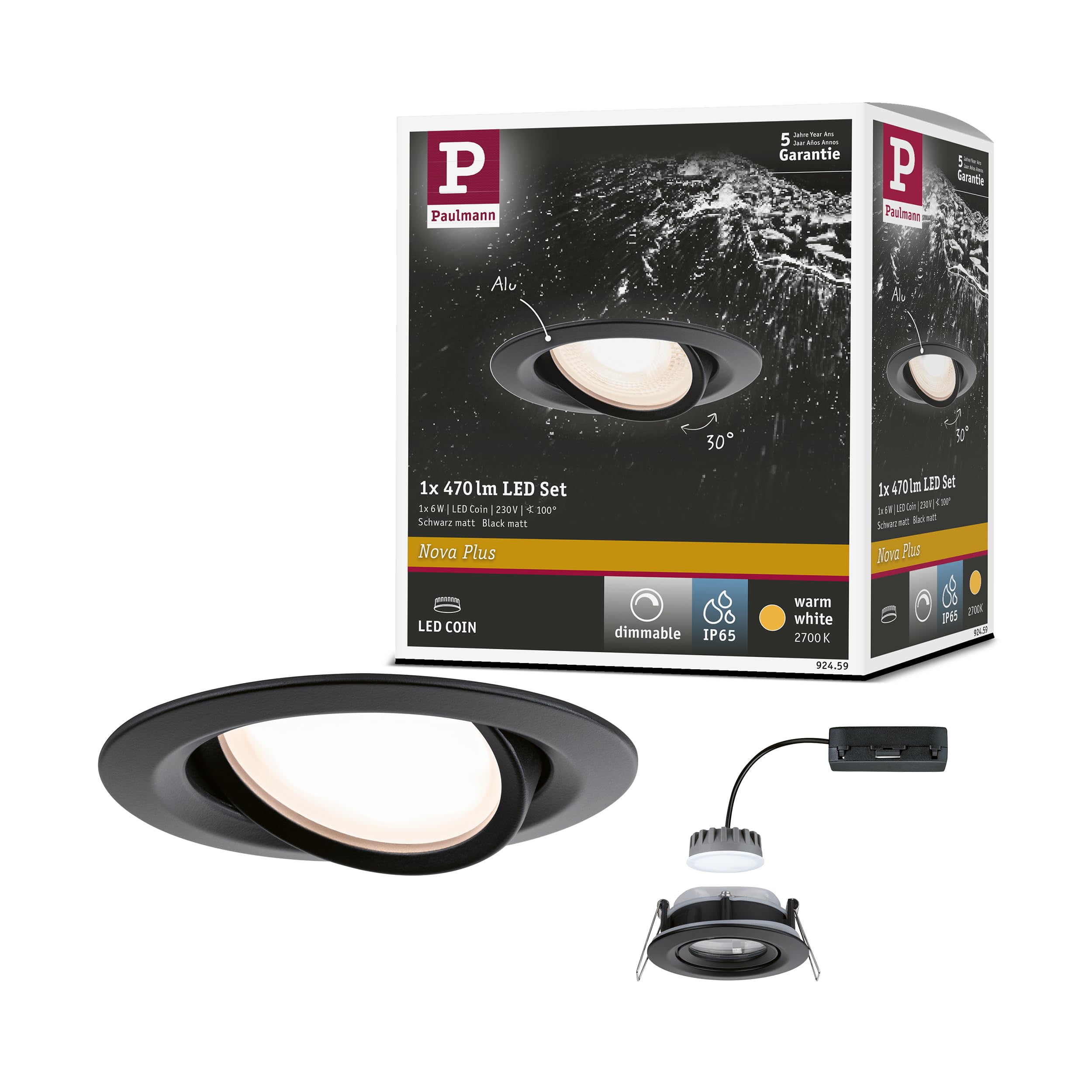 Paulmann 92459 LED recessed luminaire Nova Plus IP65 Single luminaire swivelling Round 6W 470lm dimmable 93 mm Black matt Aluminium zinc 2700K Coin