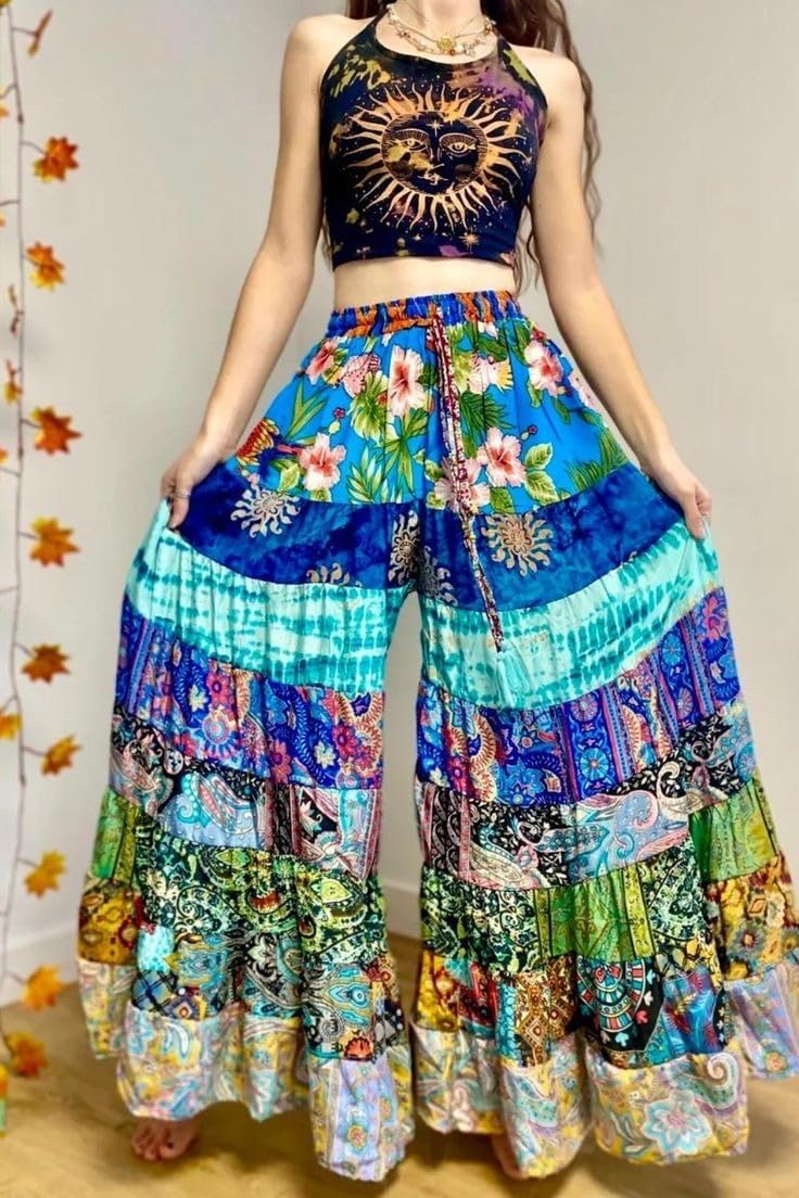 Sari Silk Wide Leg Patchwork Pants, Boho Hippie Skirt Pant for Women, Boho Hippie Patchwork Palazzo Pant,Elastic Waist (28-38 Inch) Silk Palazzo