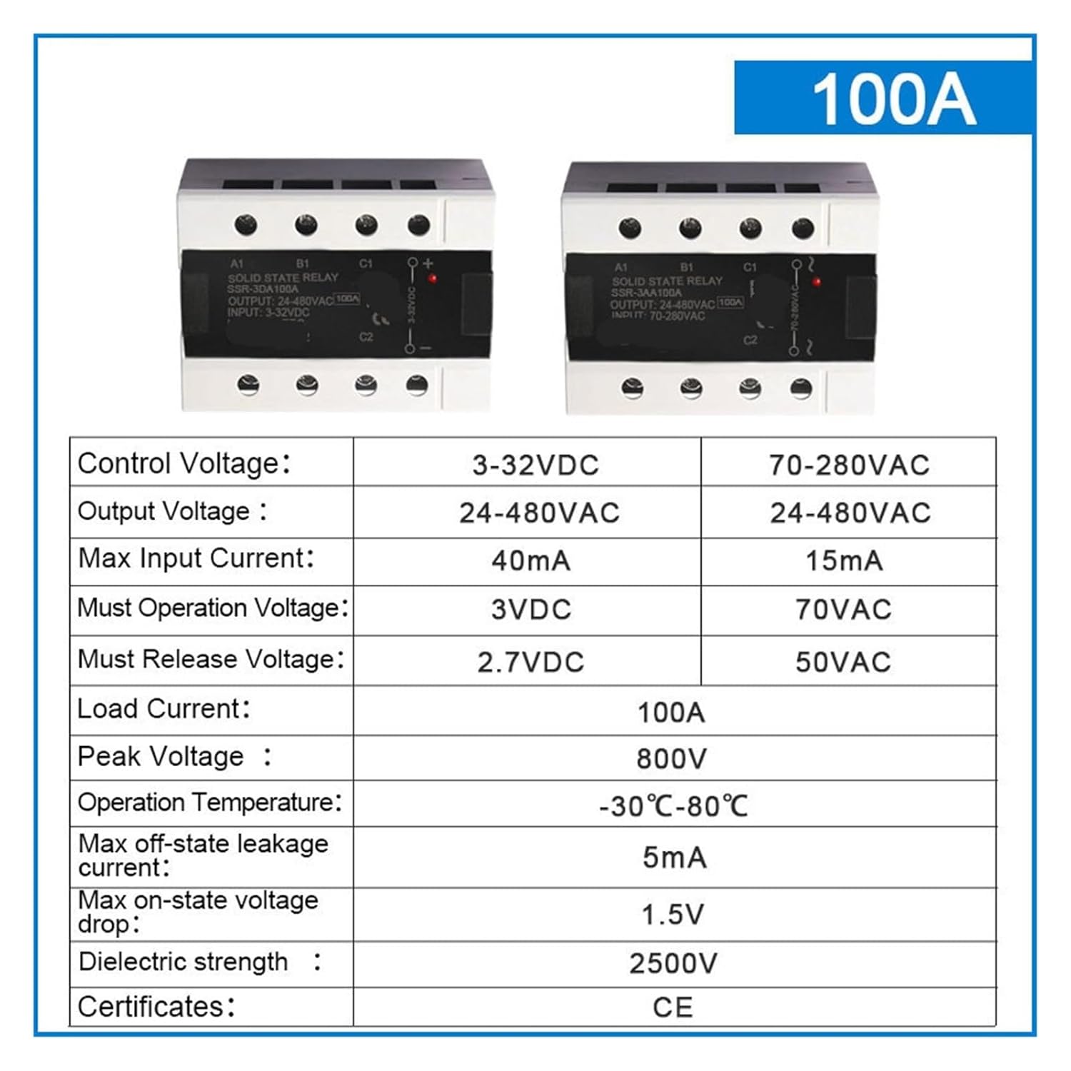 1pcs 3Phase Solid State Relay 10A 25A 40A 60A 80A 100A 120A DC Control AC Three Phase 3-32VDC(40A)