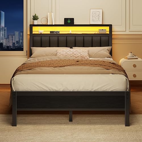 Miniatura 4 de Furnulem Base de cama de tamaño matrimonial con estación de carga y luces LED, cama de plataforma con listones de metal, cabecera tapizada gris con