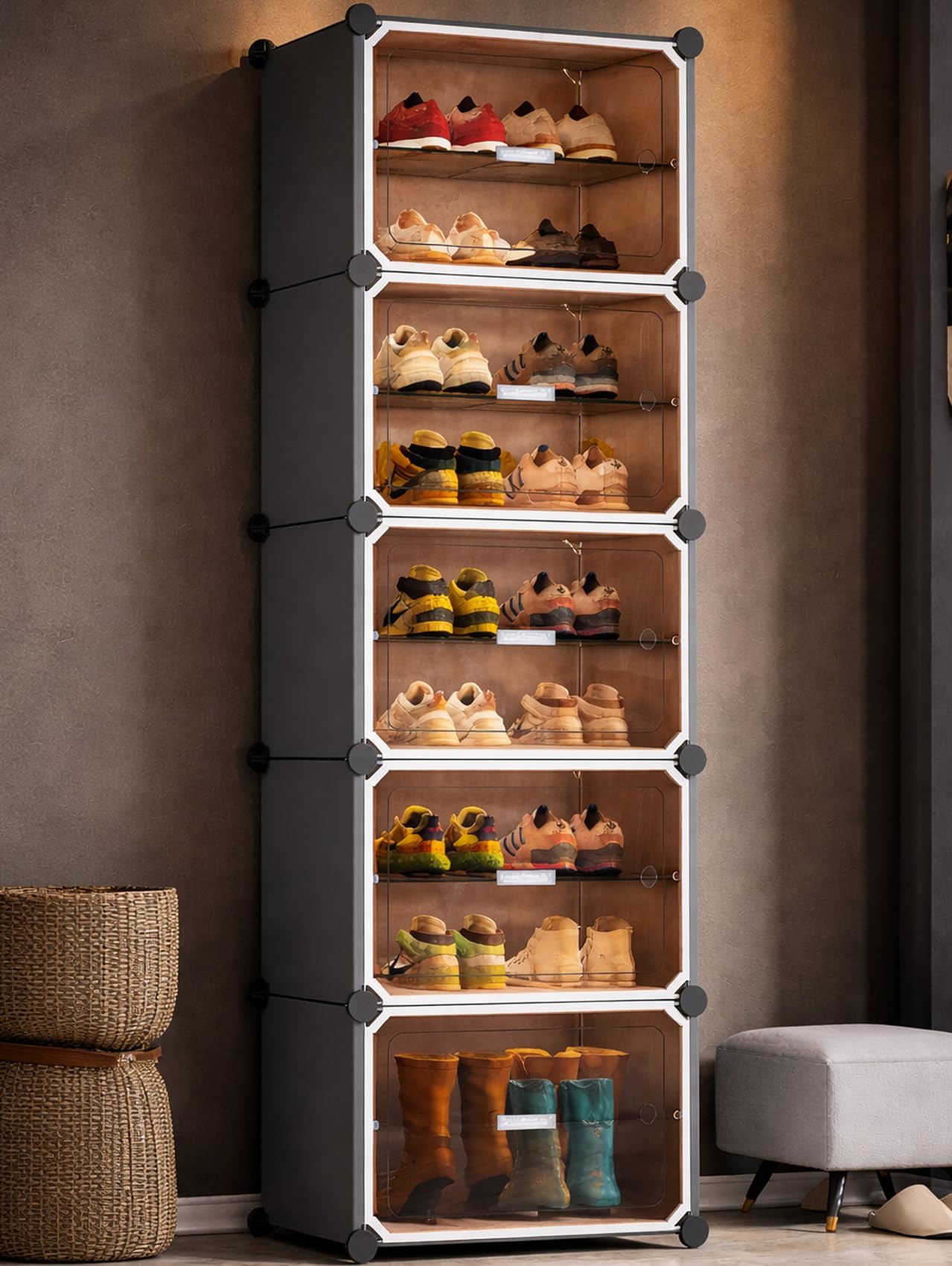 Zemic Plastic Shoe Rack for Home | 𝟏𝟎 𝐒𝐡𝐞𝐥𝐟 DIY Shoe Rack with Door 𝐌𝐚𝐠𝐧𝐞𝐭𝐬 for Home Storage Plastic Box Organizer | Metal Door Frame, Chappal Slipper Sandals Stand【Grey】-image-23