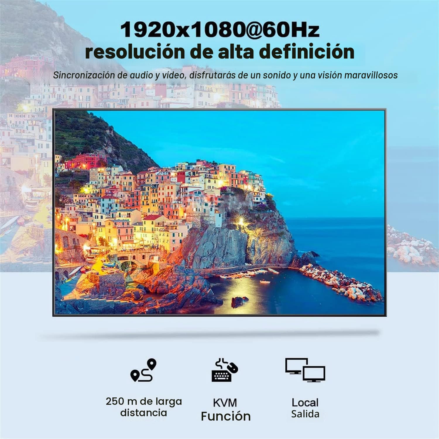 Extensión KVM HDMI 60 m en Cat5e/Cat6, HDMI 1080p, alargador KVM USB, transmisión con hebilla, negro, montaje en rack