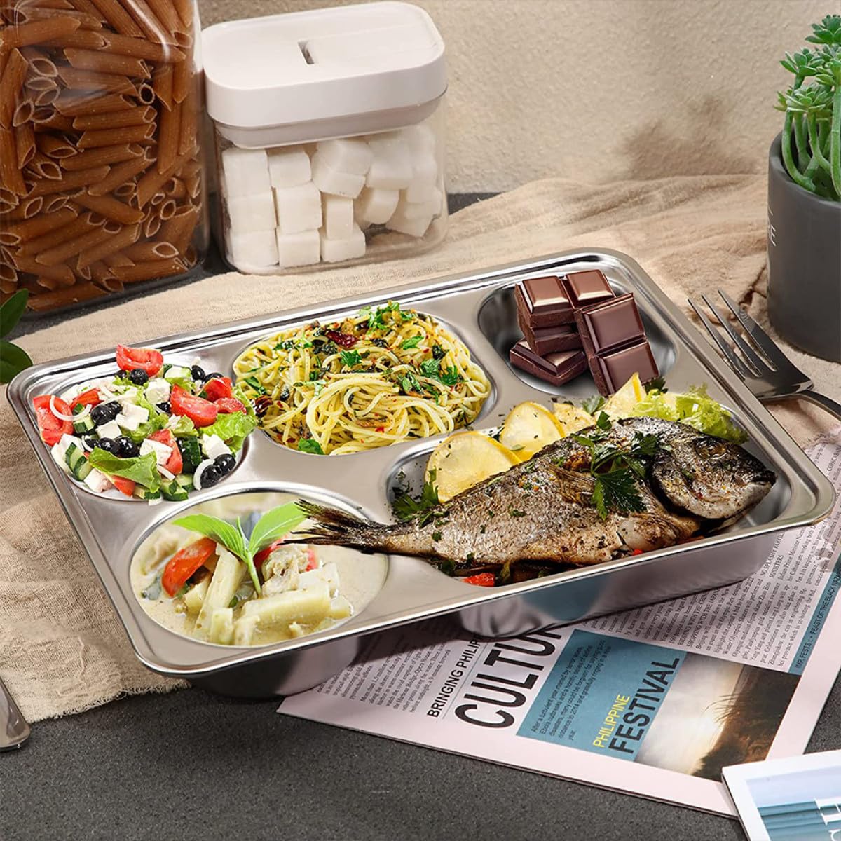 POPETPOP Assiettes Compartimentées Plateau Solide Lot de 3 en Acier Inoxydable Argenté pour Contrôle des Portions, Camping et Hôtels