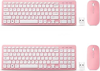 2 Pack Wireless Keyboard and Mouse Combo, Compact Quiet Wireless Keyboard and Mouse Set 2.4G Ultra-Thin Sleek Design for Windows, Computer, Desktop, PC, Notebook, Laptop (Pink)