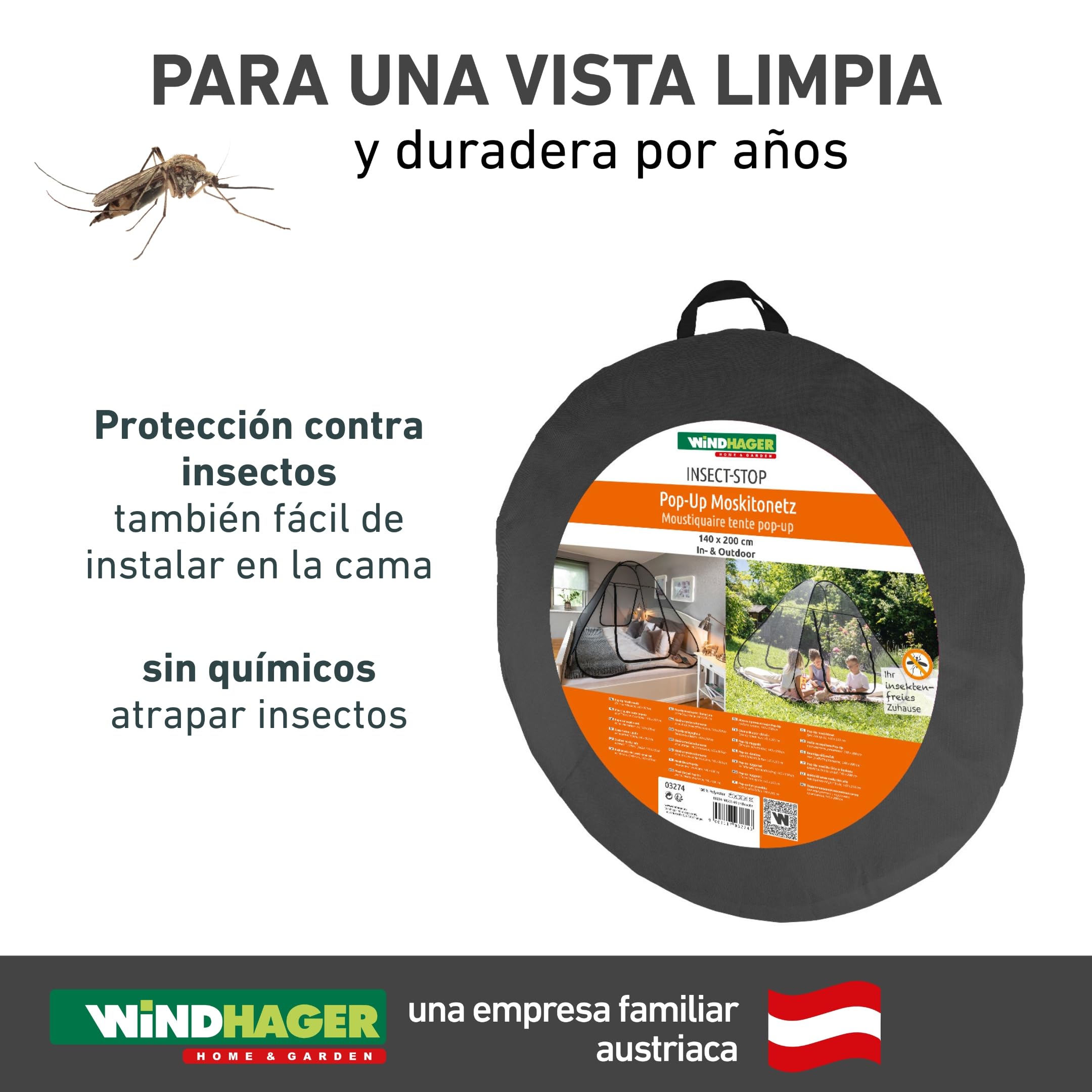Windhager Pop-UP Mosquitera Grande para Cama Doble, Camping, protección contra Insectos, Mosquitos, Red para Cama, 180 x 200 cm, Antracita