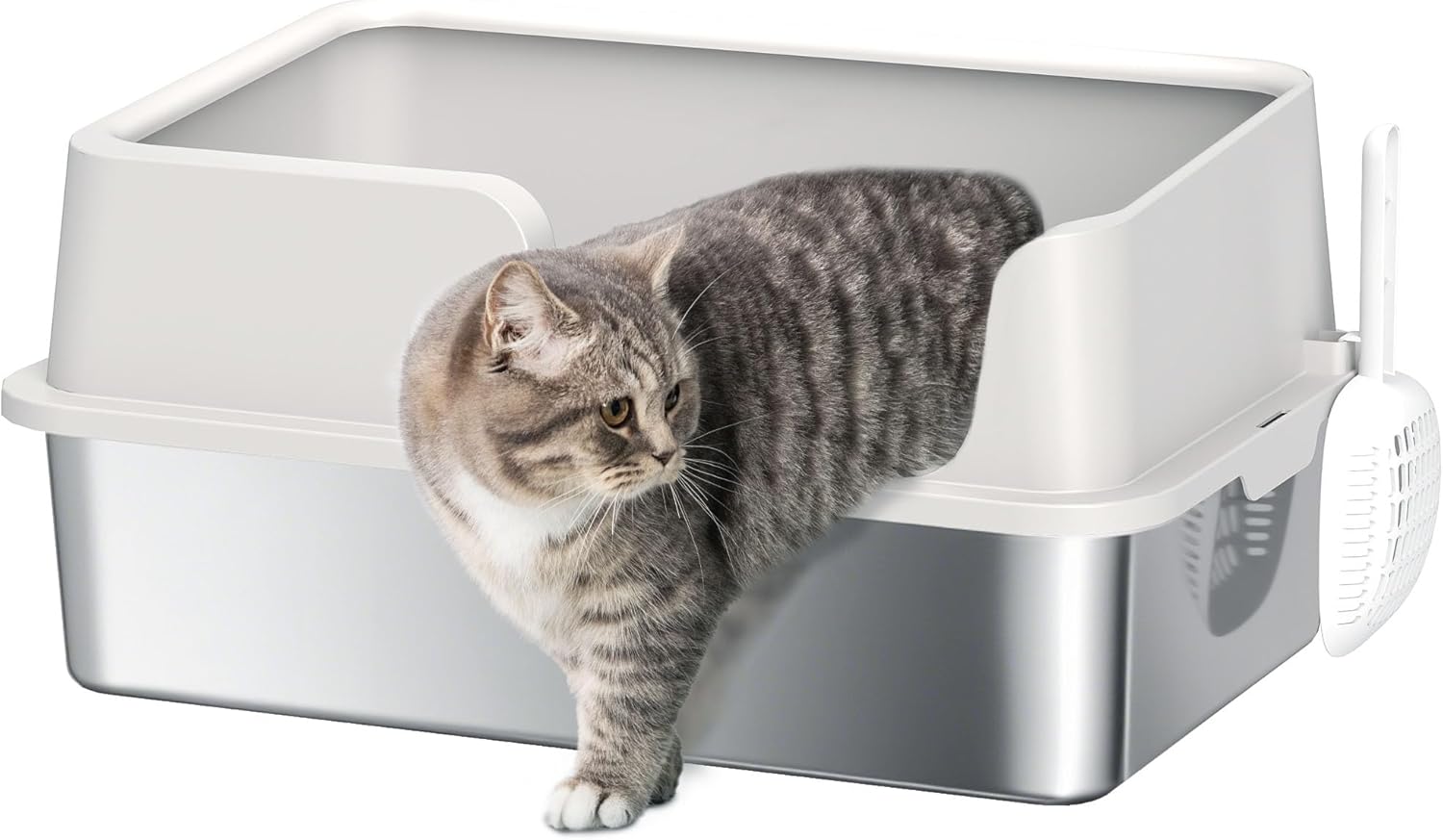 PawHut Stainless Steel Litter Box, XL Cat Litter Box with High Side, Extra Large Metal Kitten Litterbox for Big Cats with Scoop, Easy Cleaning & Anti-Urine Leakage, Light Gray