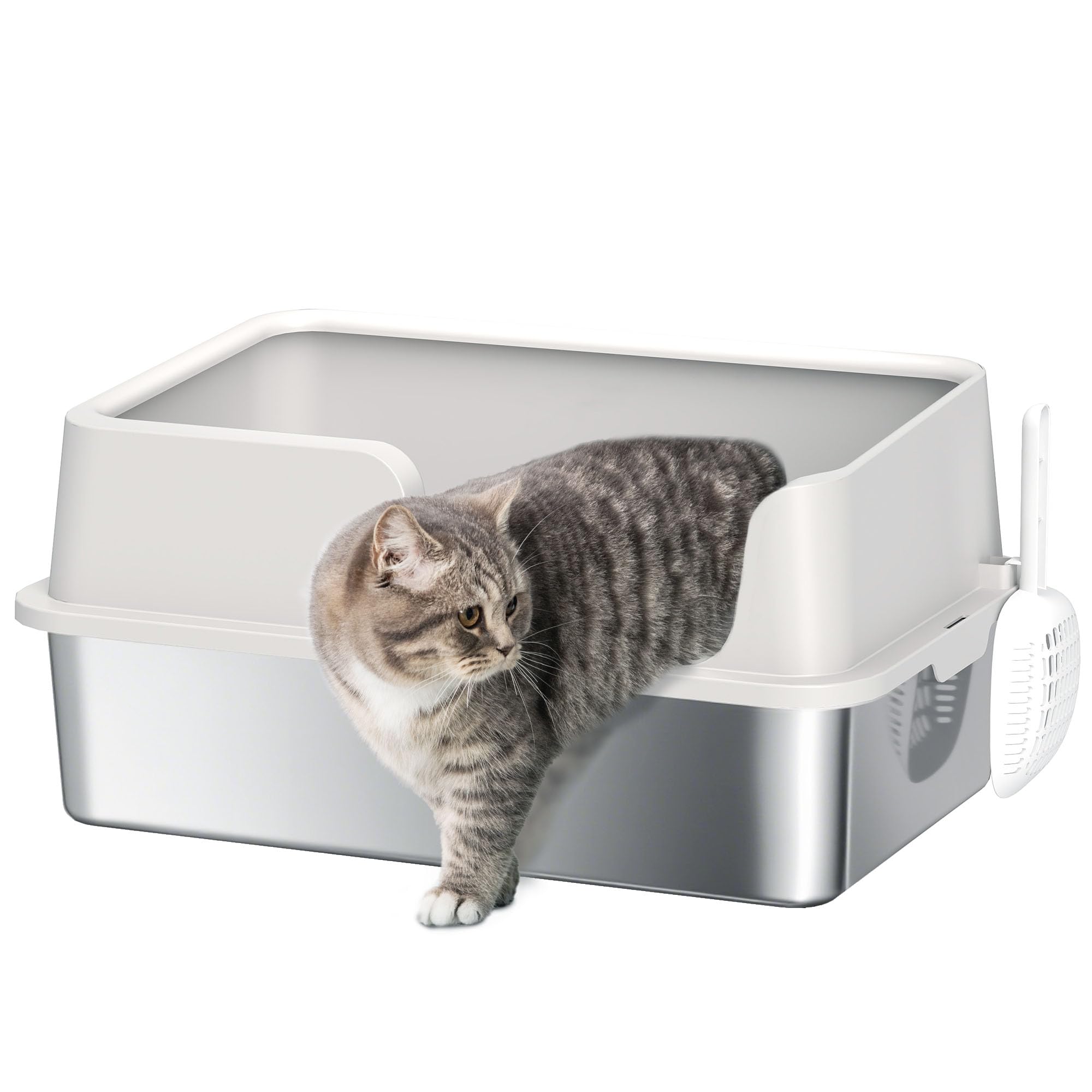 PawHut Stainless Steel Litter Box, XL Cat Litter Box with High Side, Extra Large Metal Kitten Litterbox for Big Cats with Scoop, Easy Cleaning &