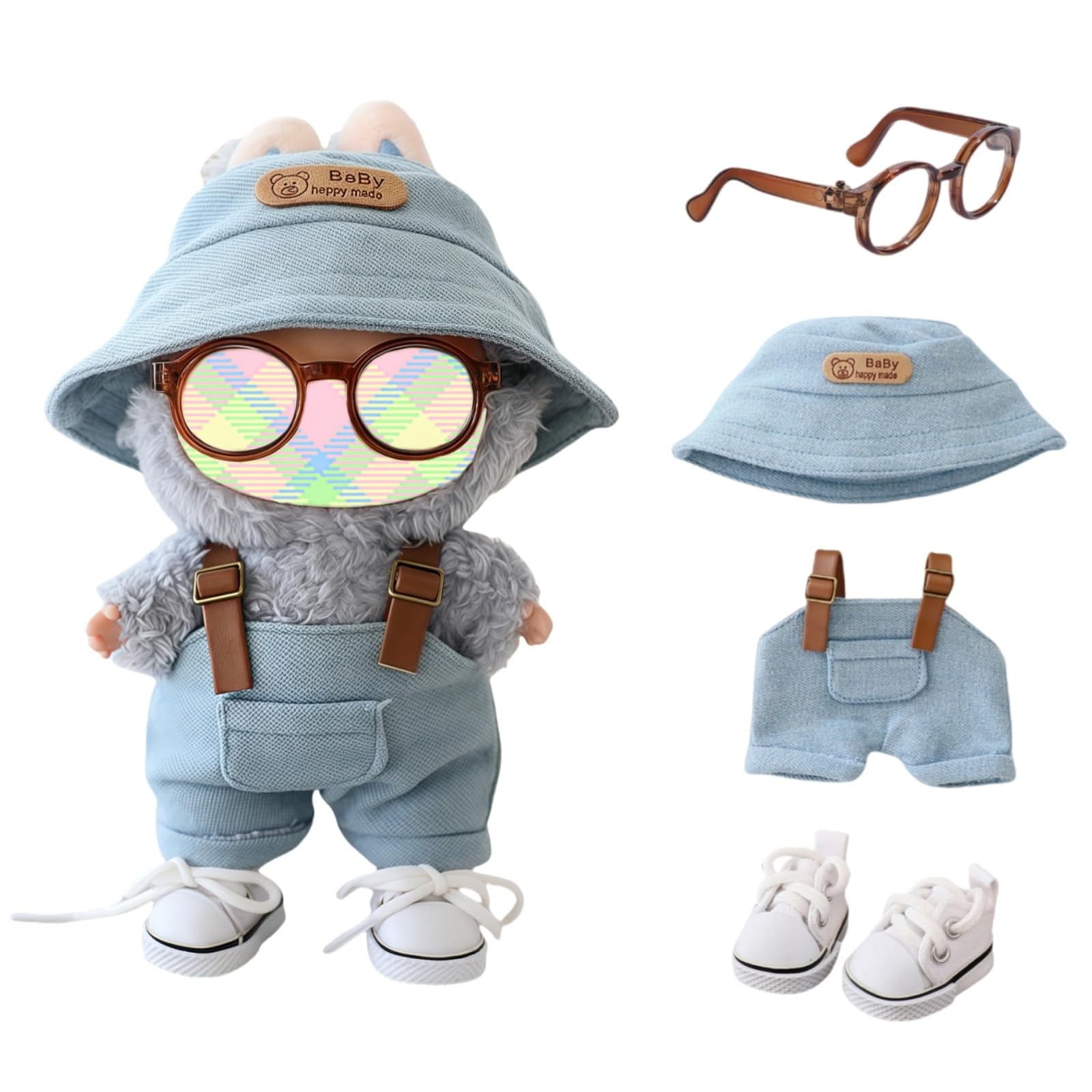 Clothes for Lu bubu Doll Accessories, Stylish Kawaii Overalls Outfit Set 4 Pieces Bib Pants for 17cm Dolls, Cute Doll Hat Shoes Clothing Set Replacement Blue (No Dolls)