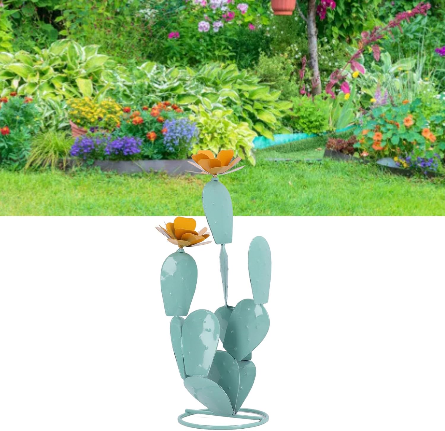 PerGar Prickly Pear Cactus Statue, Metal Iron Art Cactus Decor, Desert Yard Art, Modern Style, Glossy Finish, Sturdy Construction, Lifelike Design, Includes Flower Accessories